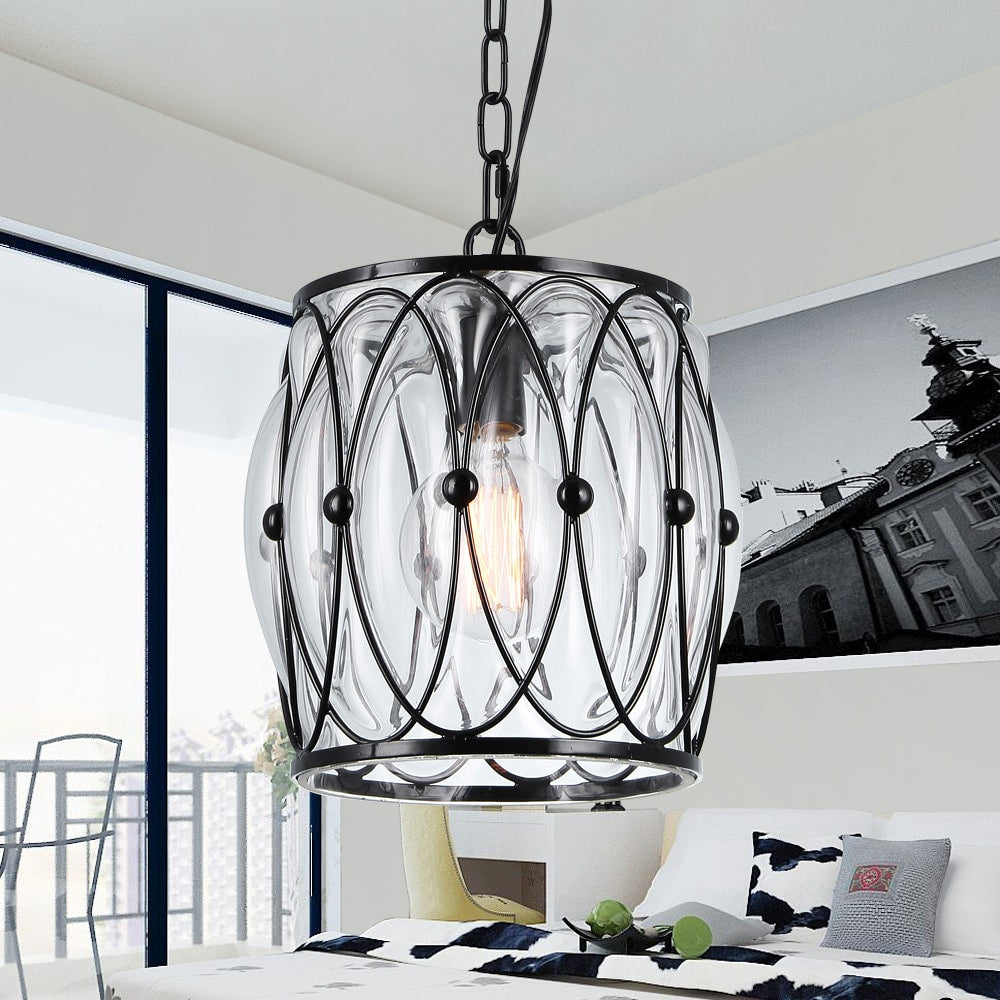 Isteppa 1 Light 8 Inch Black Metal And Glass Drum Pendant
