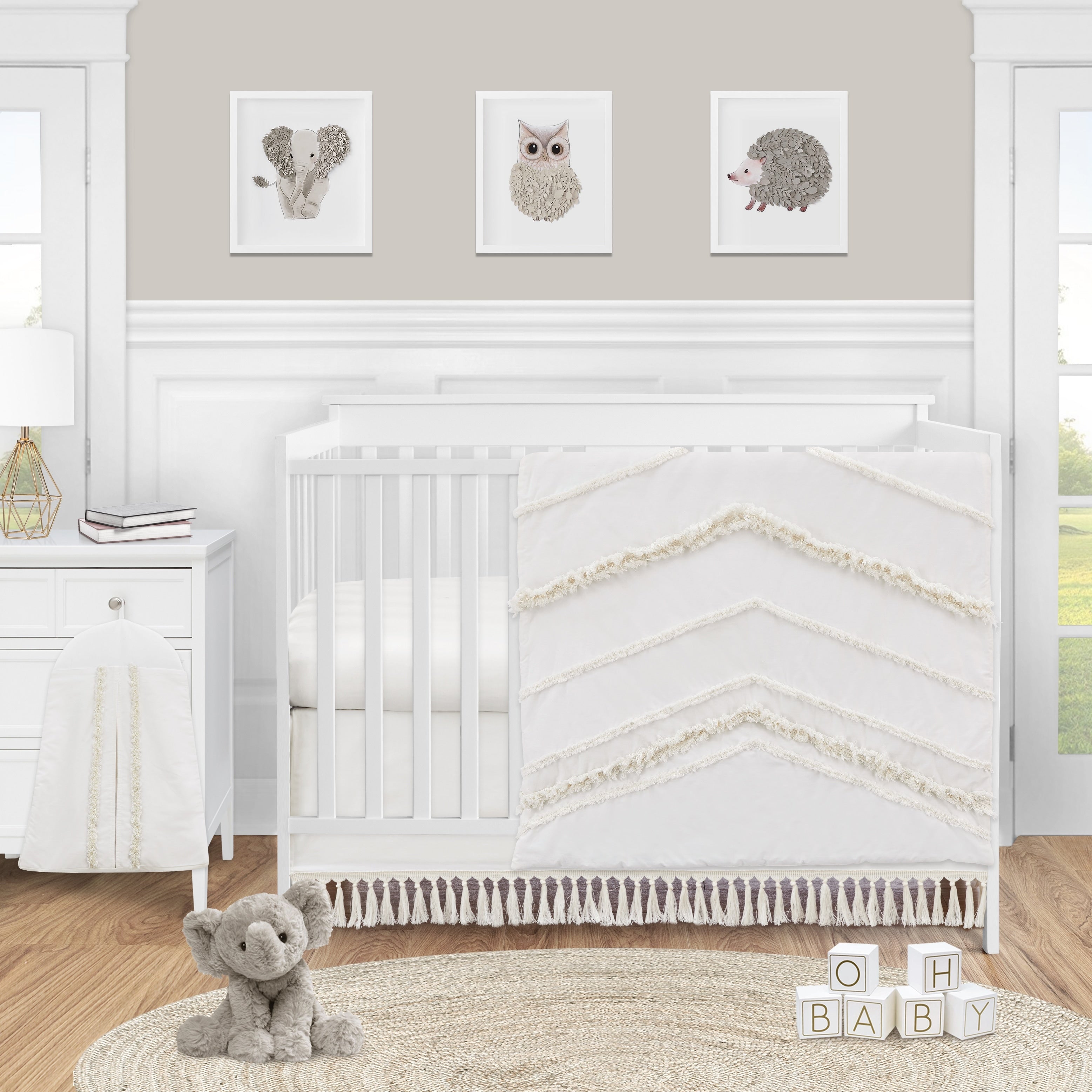Ivory Gender Neutral Boho Bohemian Collection Girl Boy 4Pc Nursery Crib Bedding Set Off White Farmhouse Chic Fringe Cotton