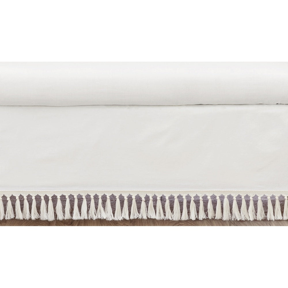 Ivory Gender Neutral Boho Bohemian Collection Girl Boy Crib Bed Skirt Solid Color Cream Off White Farmhouse Chic Tassel Cotton