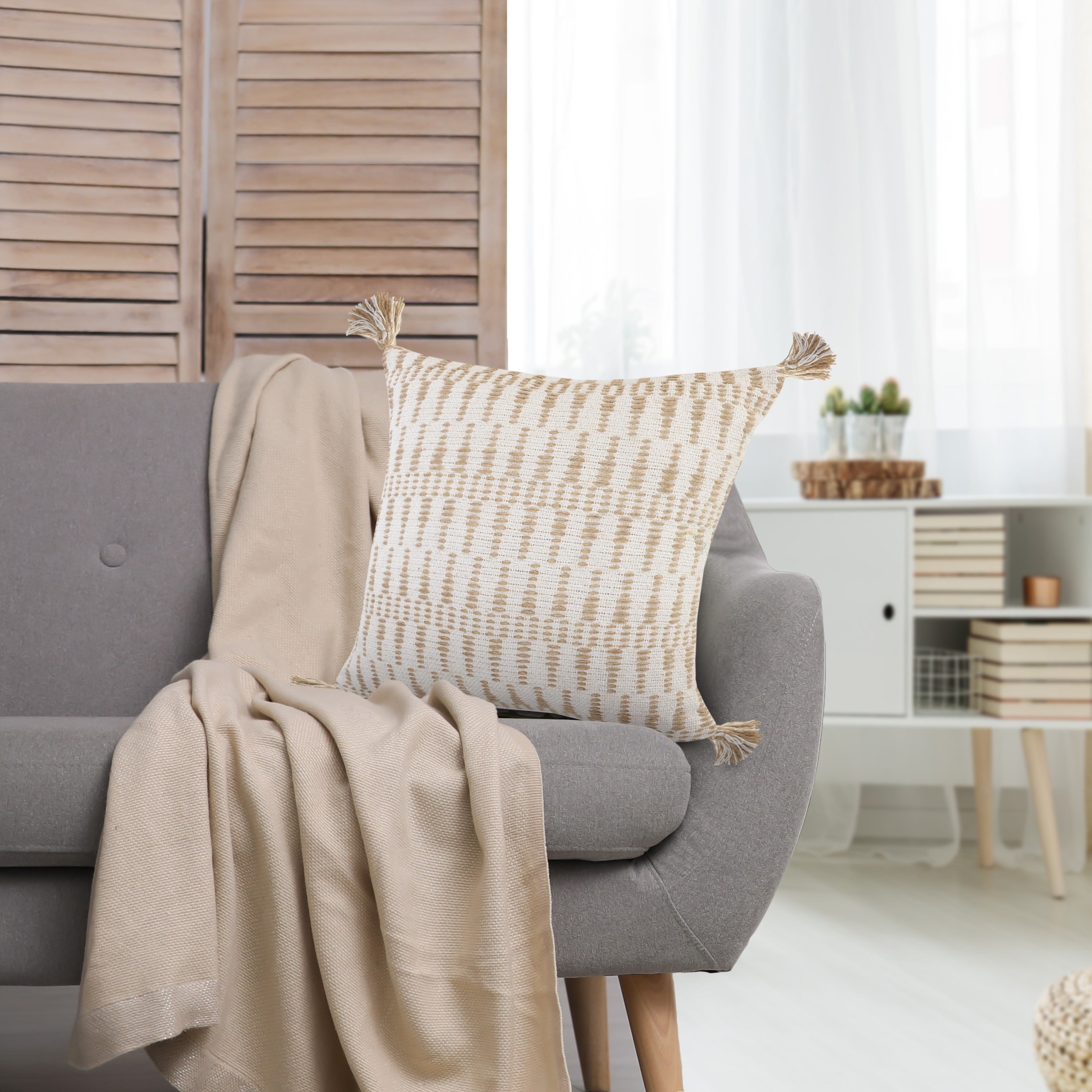 Ivory And Jute Geometric And Tasseled Throw Pillow