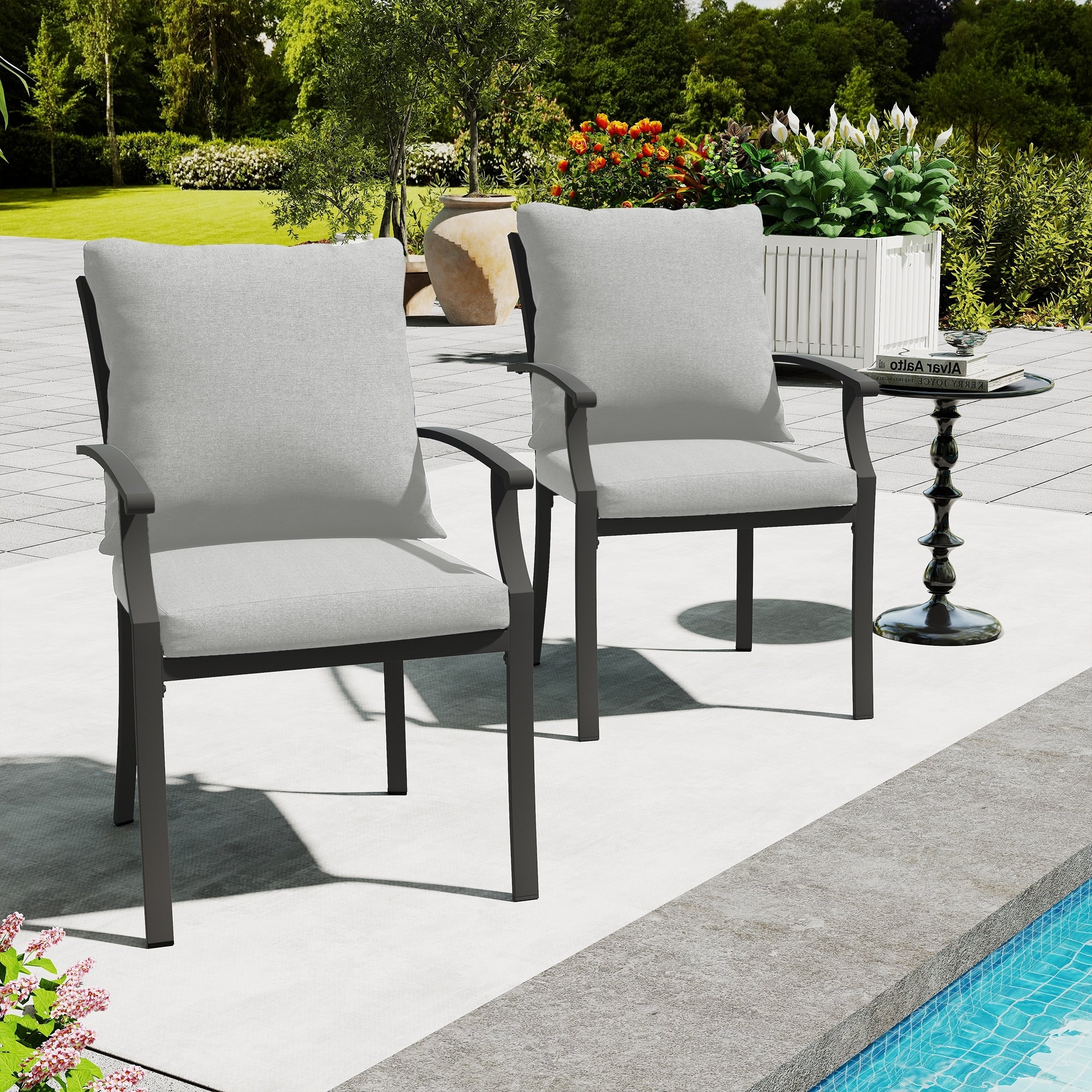 Ivyglow 2 Piece Metal Patio Dining Chairs With Gray Cushions