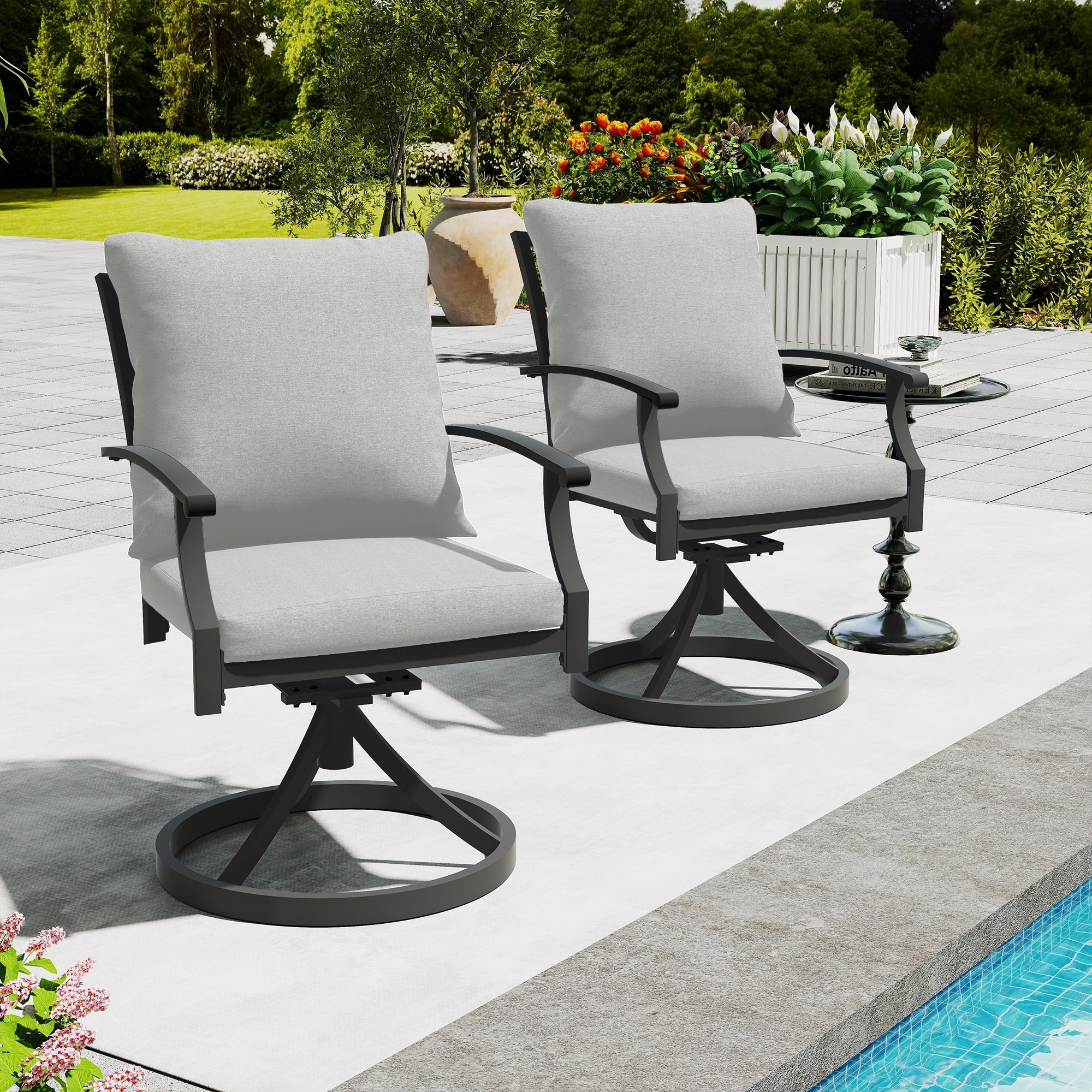 Ivyglow 2 Piece Metal Patio Swivel Chairs With Gray Cushions