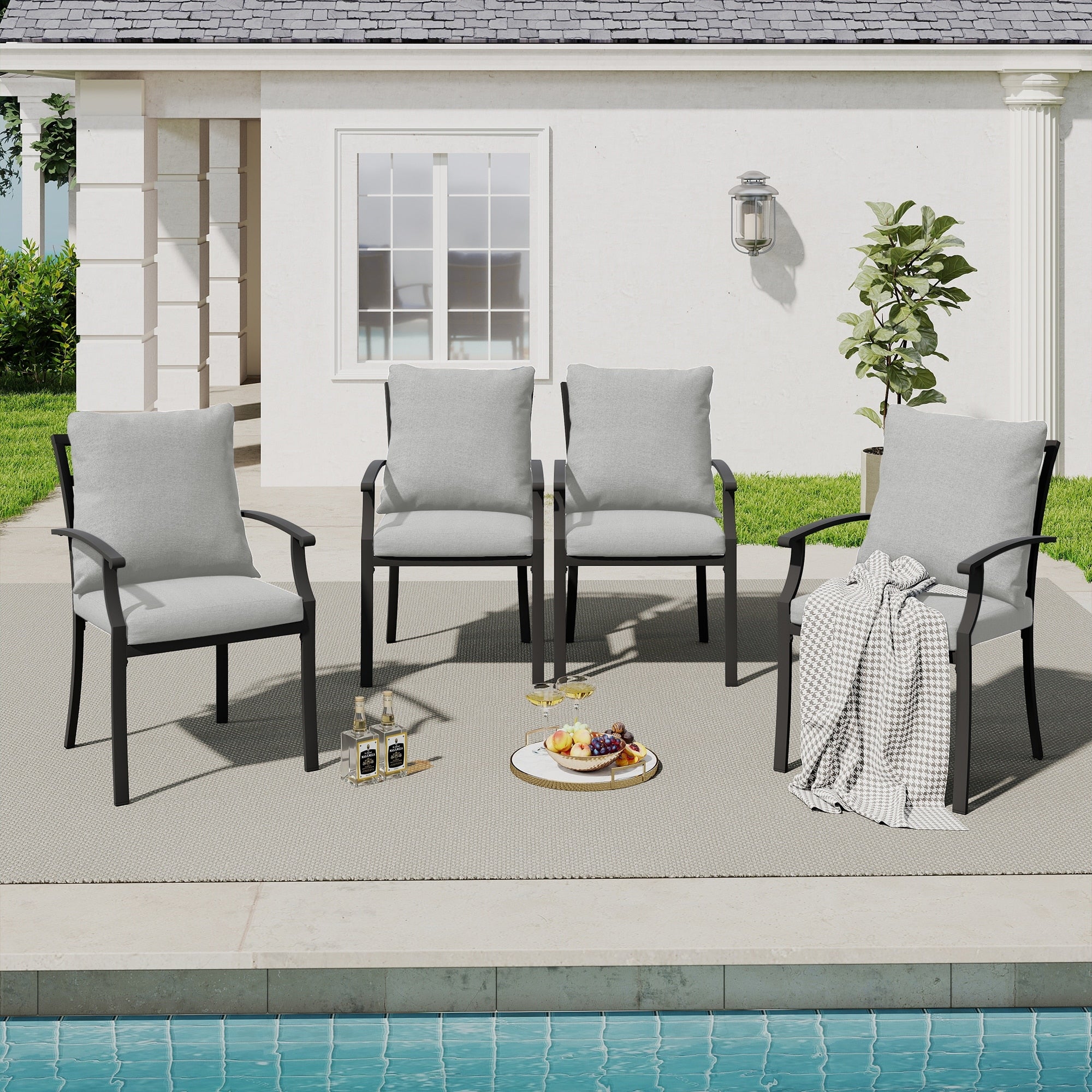 Ivyglow 4 Piece Metal Patio Dining Chairs With Gray Cushions
