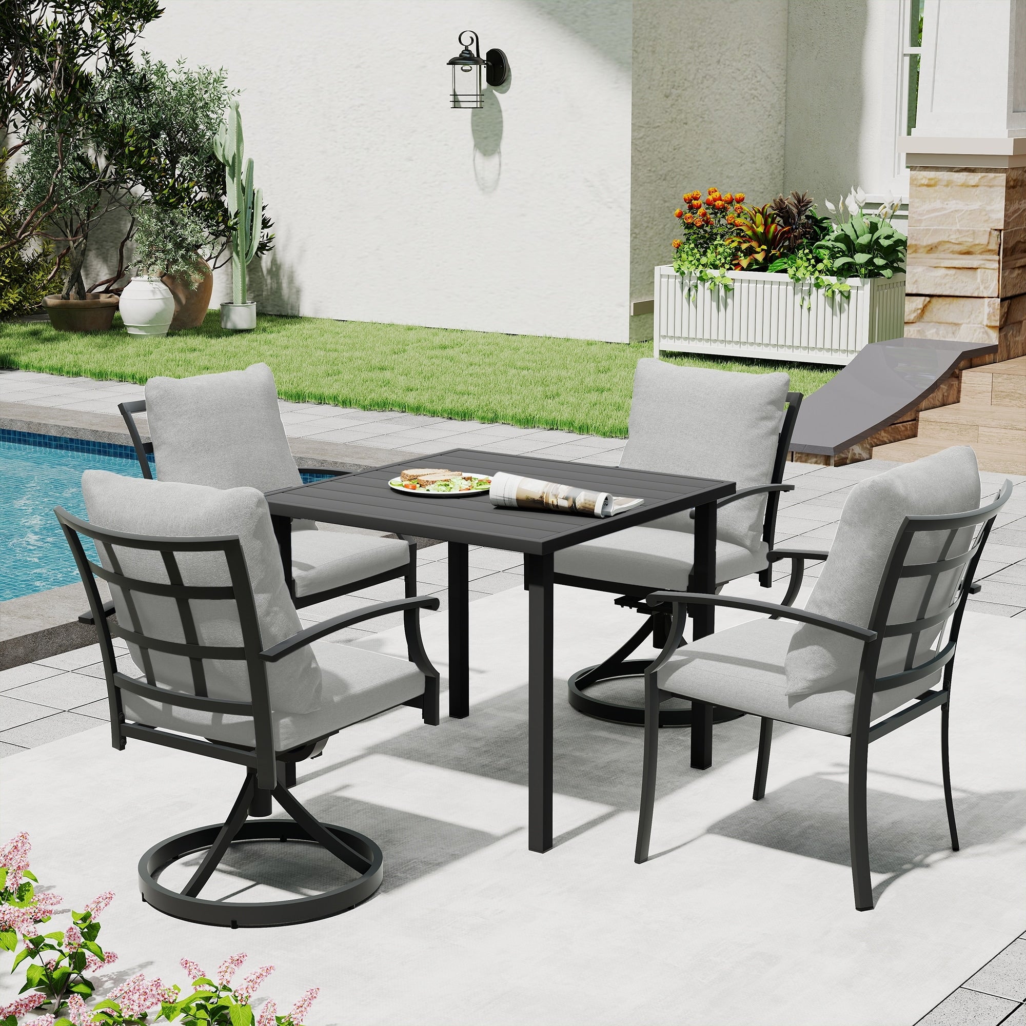 Ivyglow 5 Piece Black Metal Patio Dining Set With Square Table 2 Swivel Dining Chairs And Gray Cushions