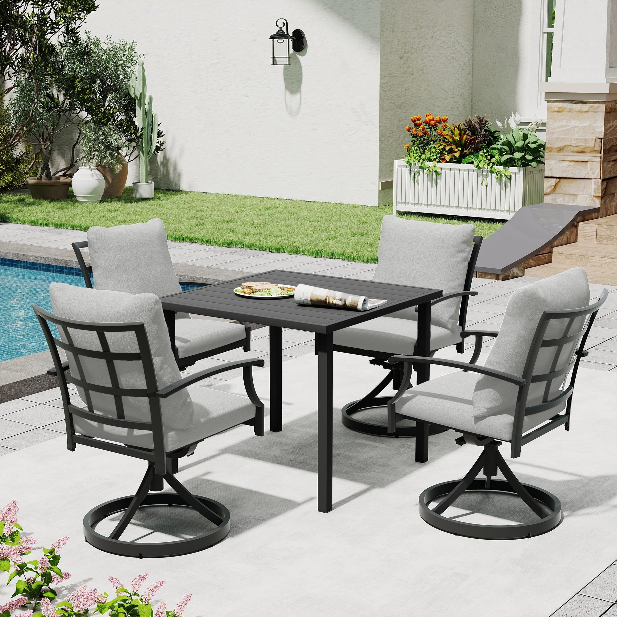 Ivyglow 5 Piece Black Metal Patio Dining Set With Square Table 4 Swivel Dining Chairs And Gray Cushions