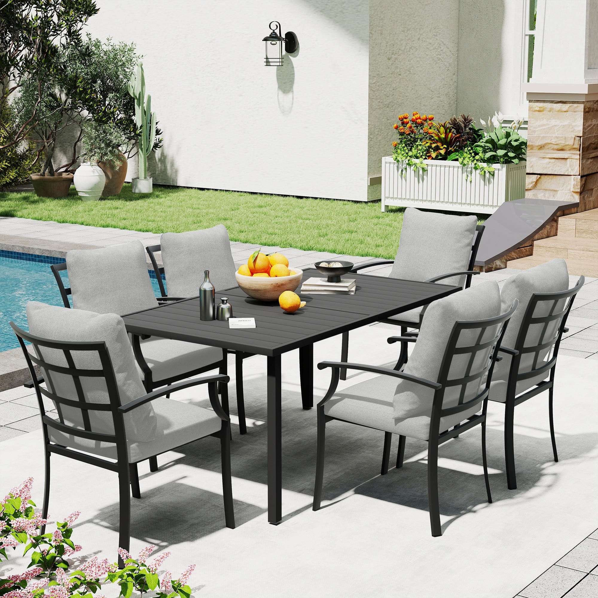 Ivyglow 7 Piece Black Metal Patio Dining Set With Rectangular Table And Gray Cushions