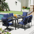 Ivyglow 7 Piece Black Metal Patio Dining Set With Rectangular Table 2 Swivel Dining Chairs And Gray Cushions