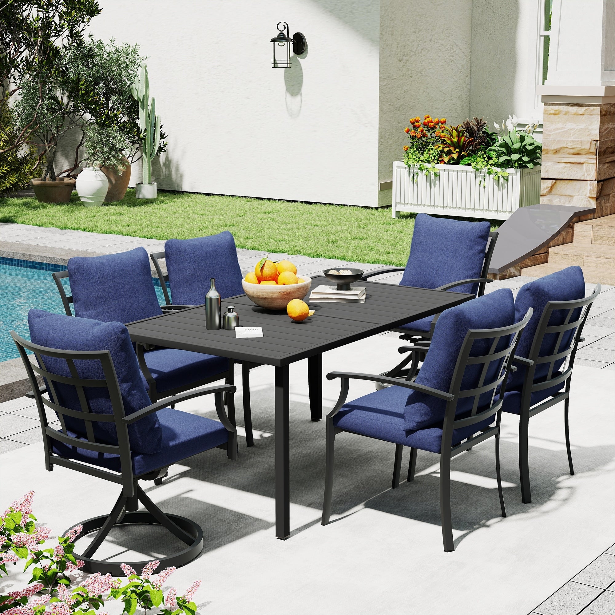 Ivyglow 7 Piece Black Metal Patio Dining Set With Rectangular Table 2 Swivel Dining Chairs And Gray Cushions