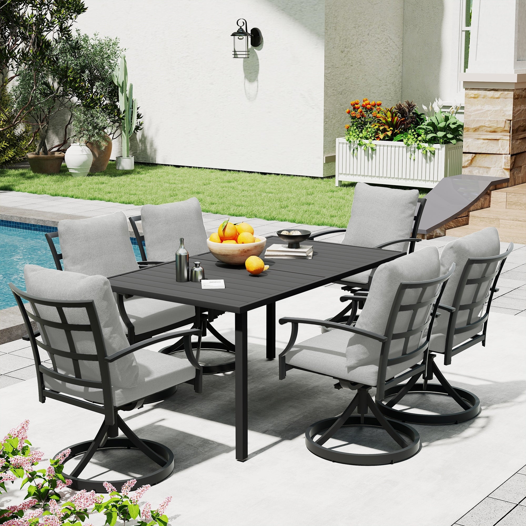 Ivyglow 7 Piece Black Metal Patio Dining Set With Rectangular Table 6 Swivel Dining Chairs And Gray Cushions
