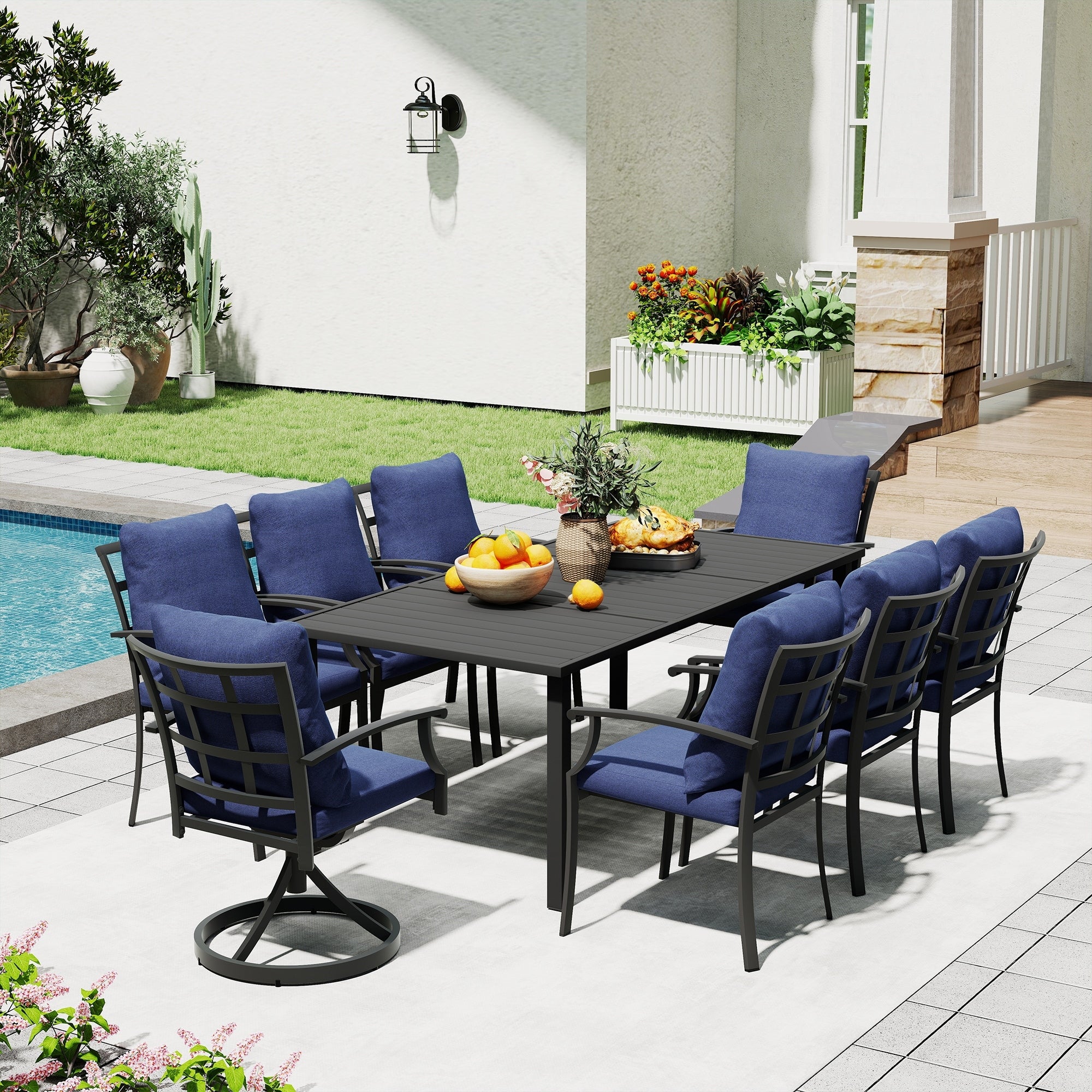 Ivyglow 9 Piece Black Metal Patio Dining Set With Rectangular Table 2 Swivel Dining Chairs And Gray Cushions