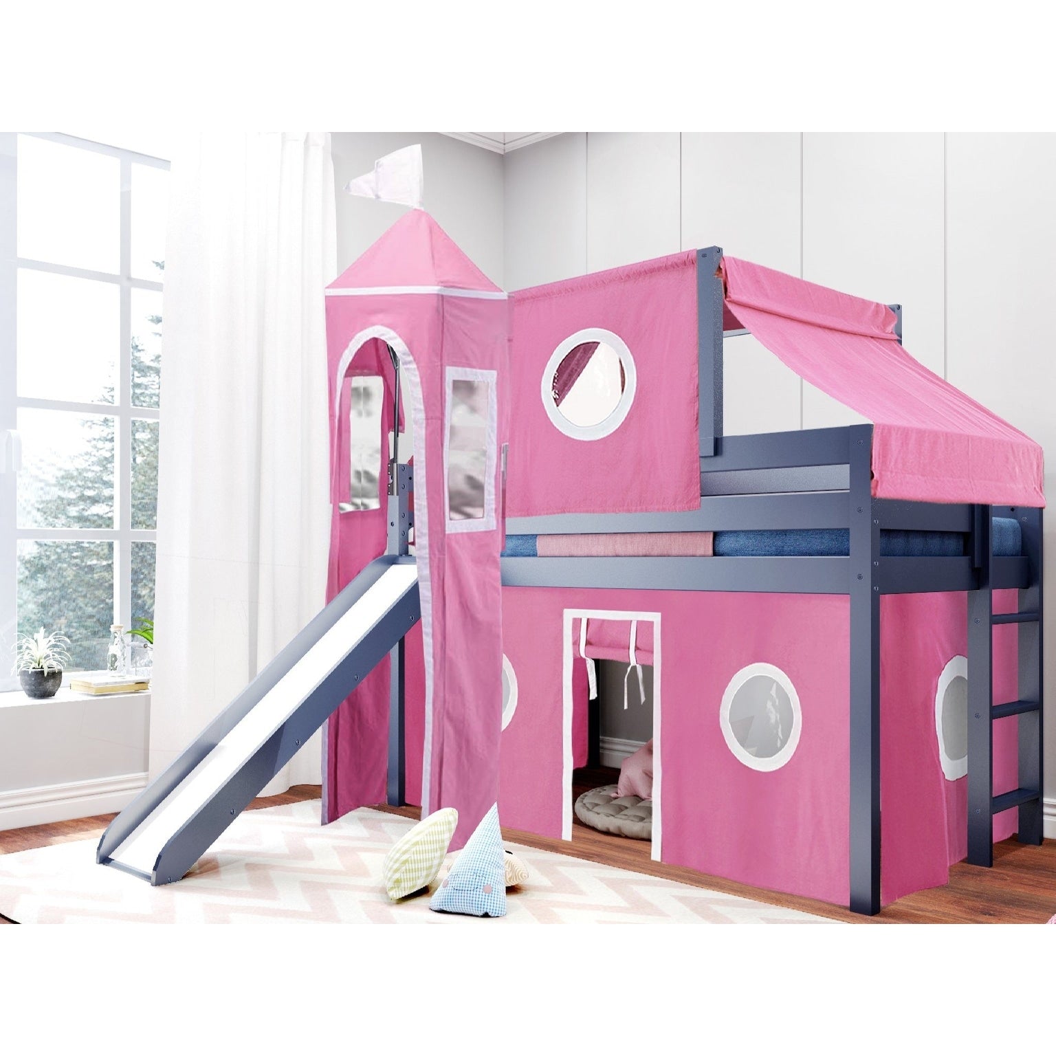 Jackpot Prince Princess Low Loft Twin Bed With Slide Tent Tower