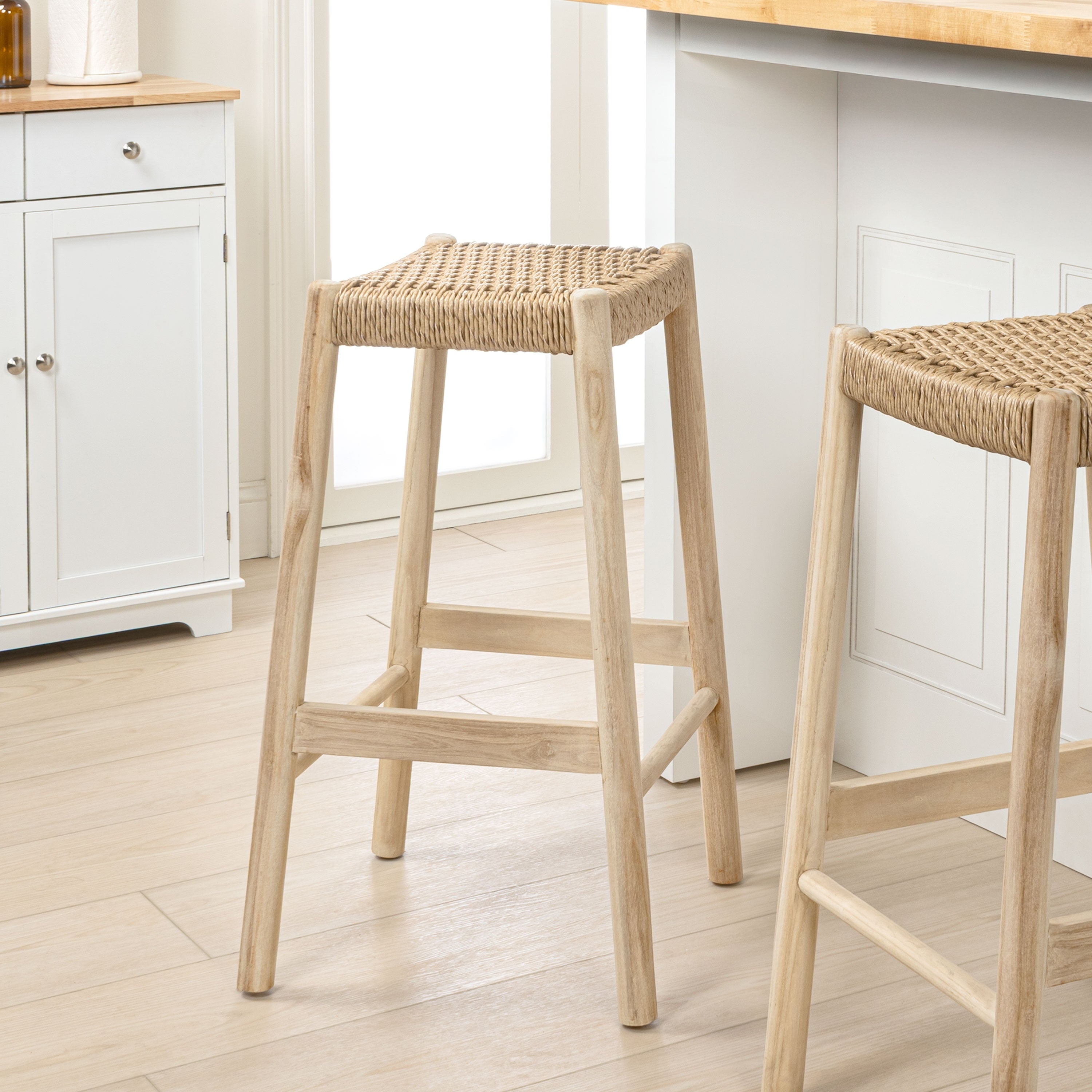 Jonathan Y Armati Coastal Casual Handcrafted Teak Wood Backless Indoor Outdoor Bar Stool With Synthetic Woven Seat