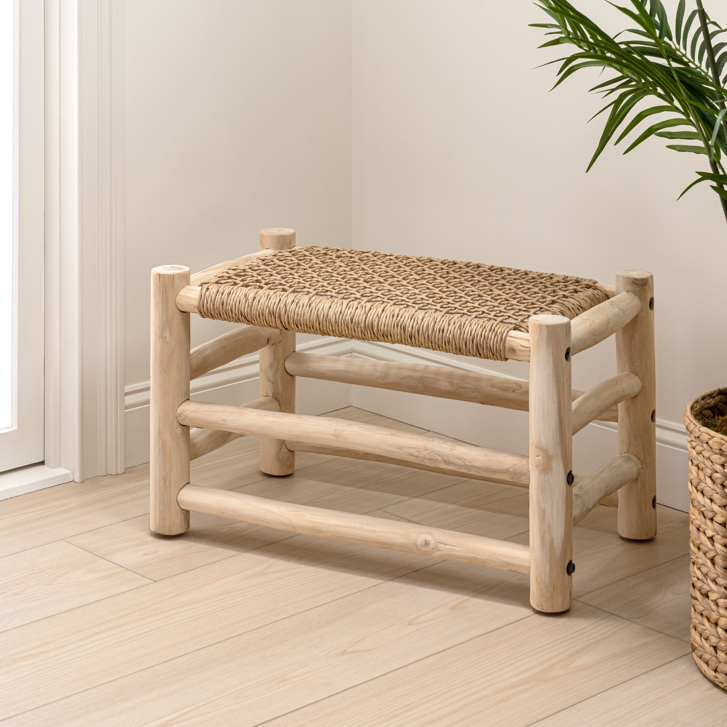 Jonathan Y Chuck Coastal Bohemian Handcrafted Indoor Outdoor Teak Wood Accent Stool With Woven Seat