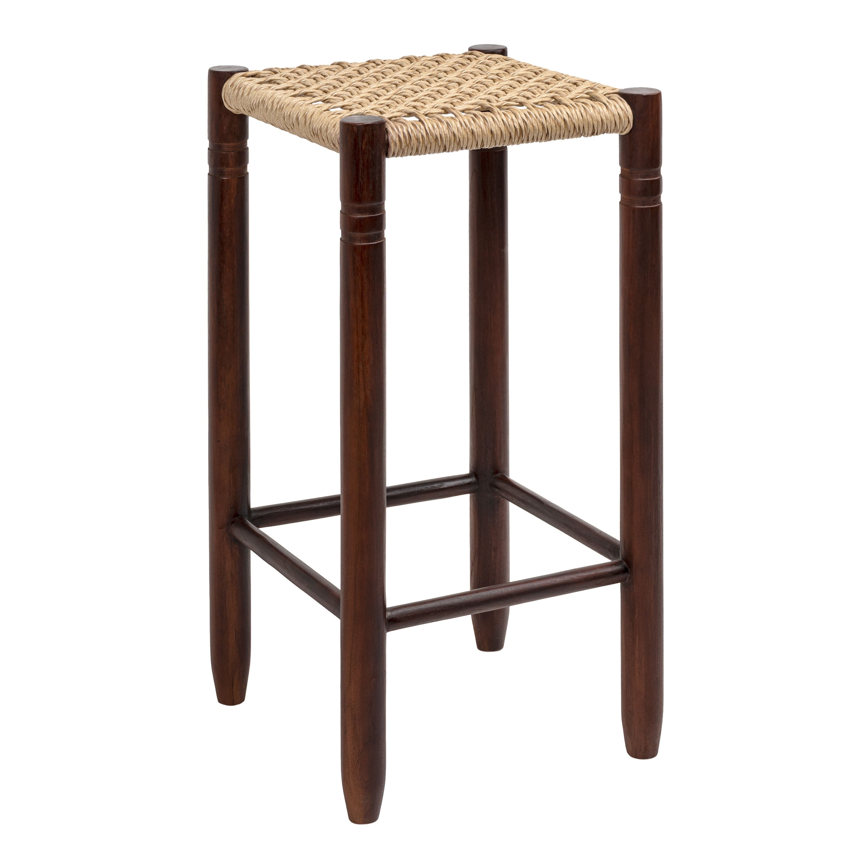 Jonathan Y Handcrafted Teak Wood Backless Indoor Outdoor Bar Stool With Synthetic Woven Rattan Seat