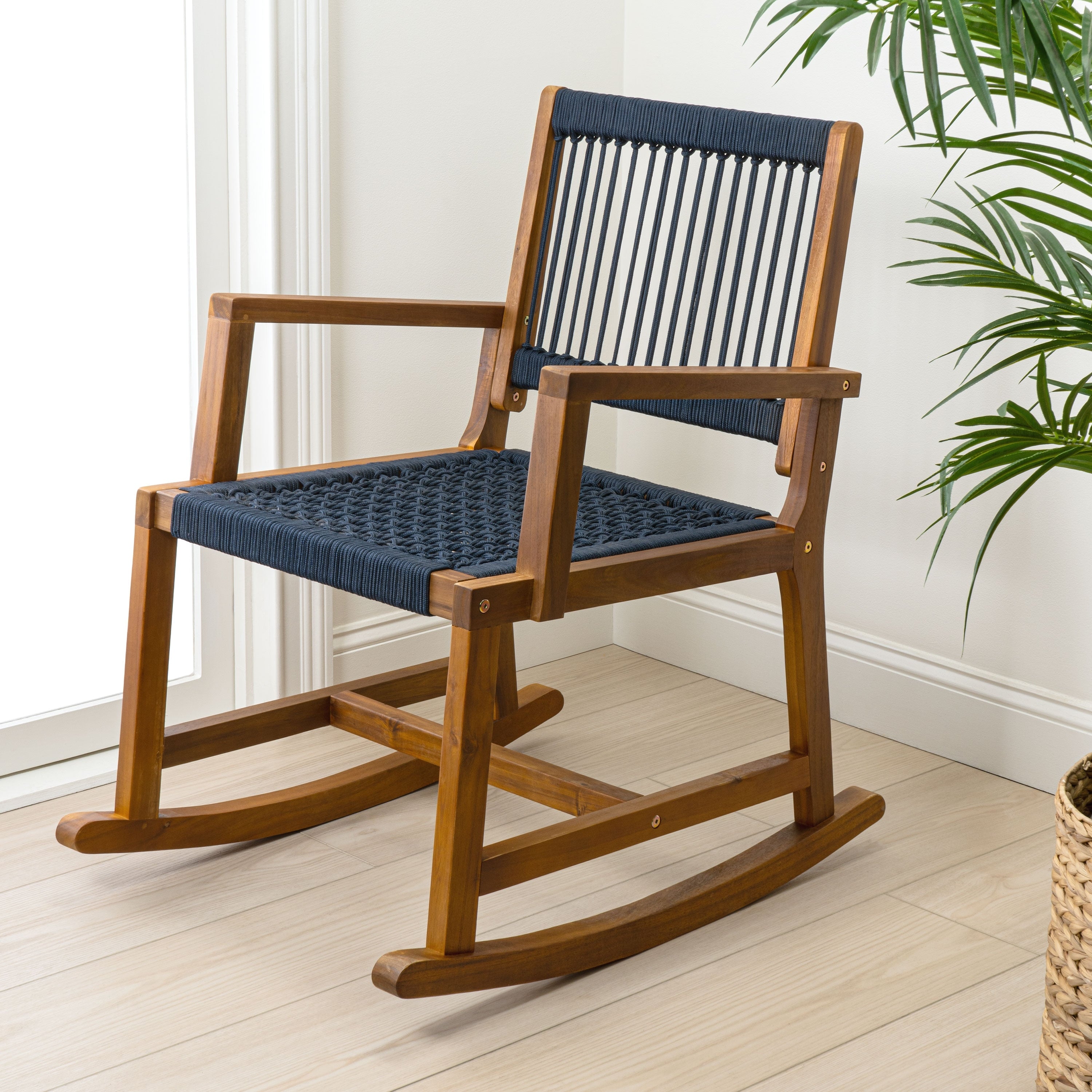 Jonathan Y Laguna Coastal Casual 352 Lbs Support Acacia Wood And Woven Rope Outdoor Rocking Chair