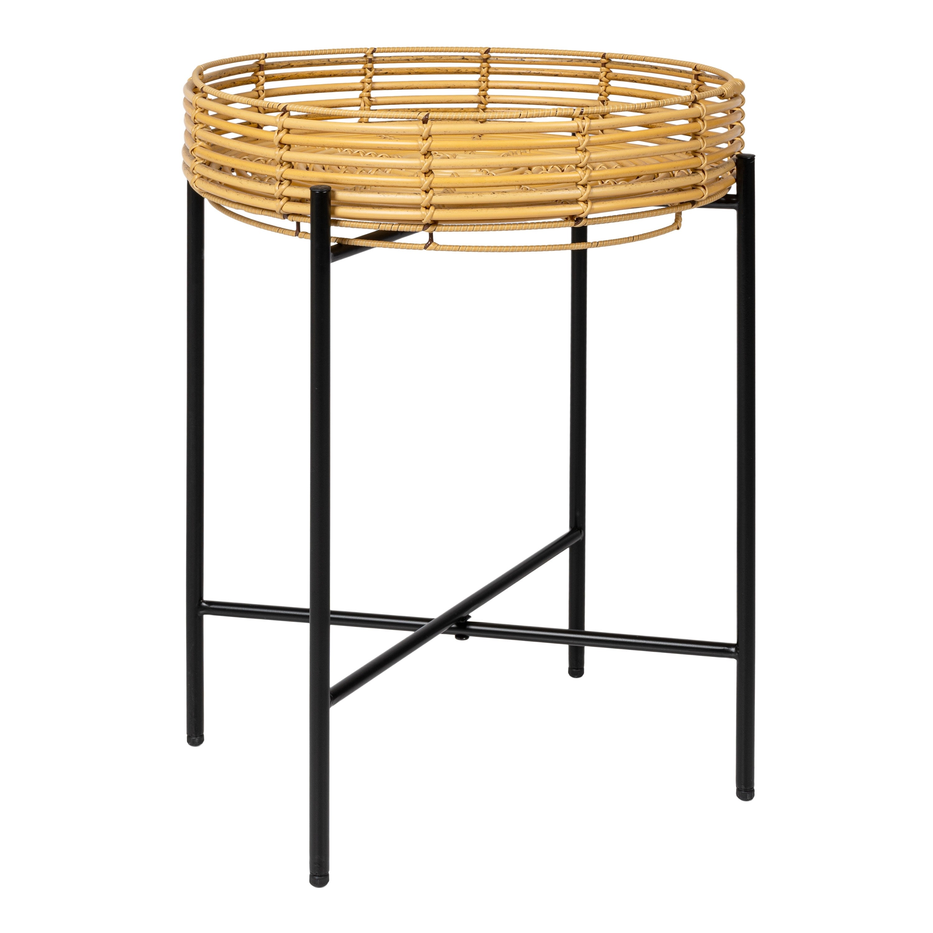 Jonathan Y Malia 20 Coastal Bohemian Faux Rattan Round Tray End Table With Metal Base
