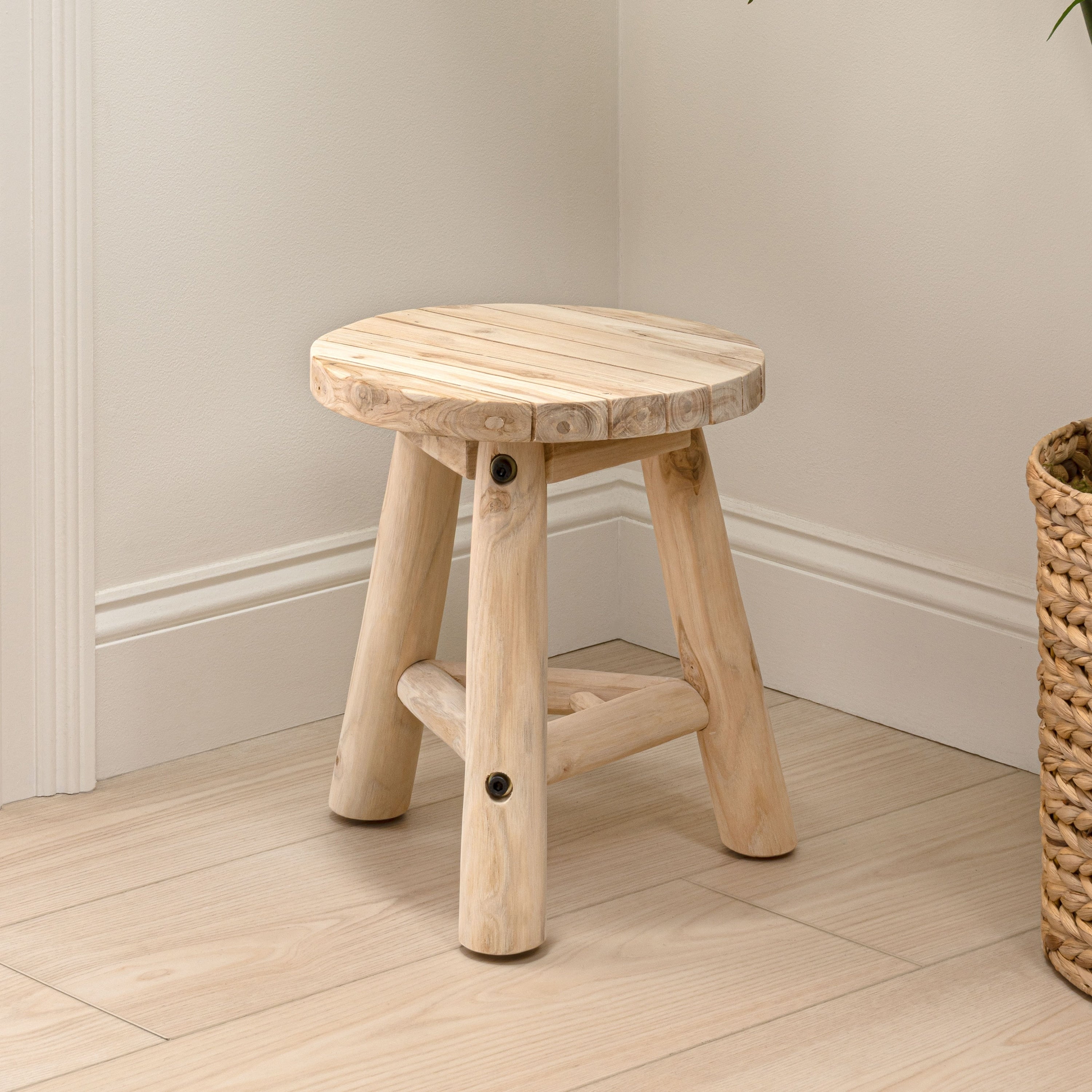 Jonathan Y Triform Modern Minimalist Handcrafted Solid Teak Wood Accent Stool With Tri Leg Base