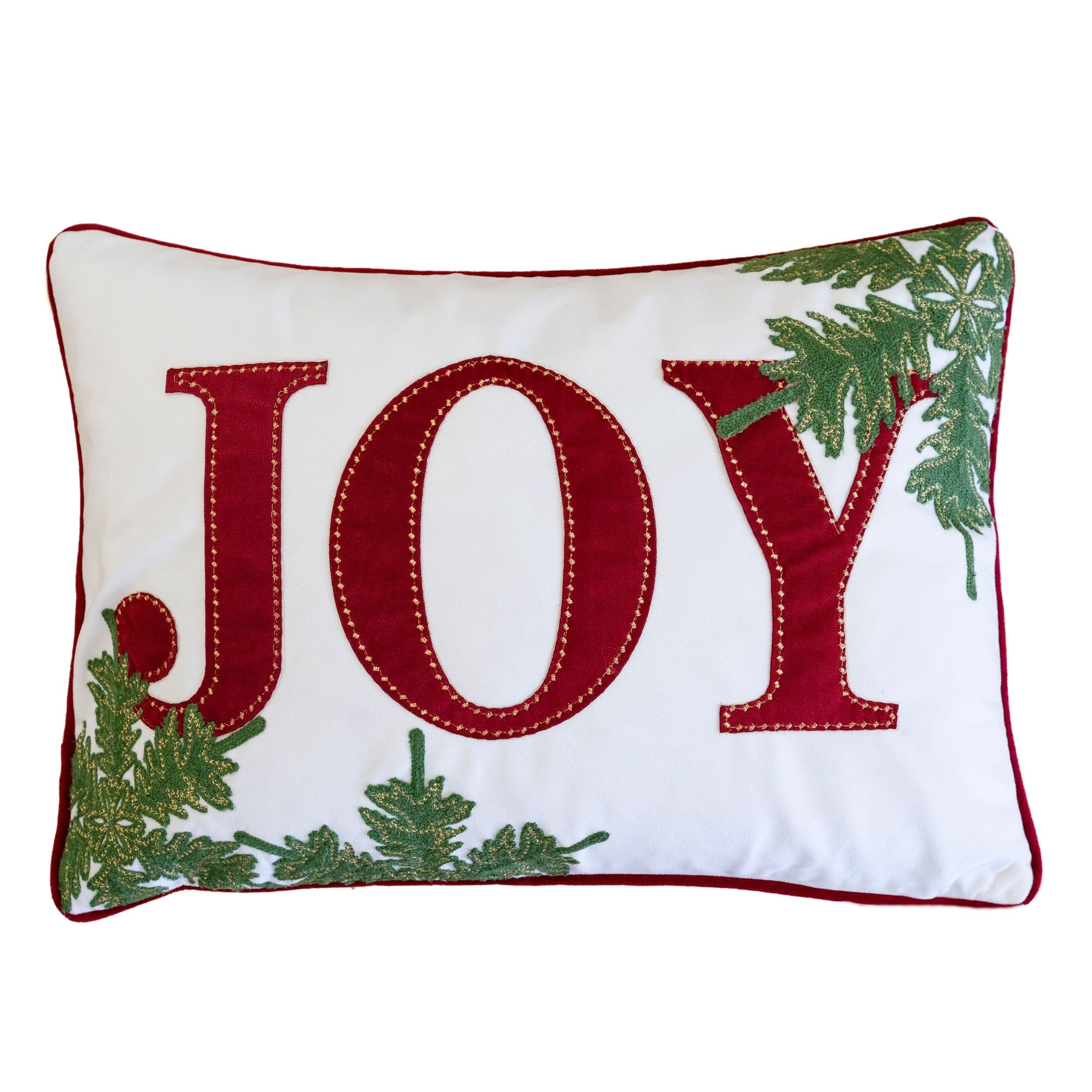 Joy Embroidered Christmas Throw Pillow 14X20 Velvet Lumbar Cushion In Red And White With Green Holiday Accents Set Of 2