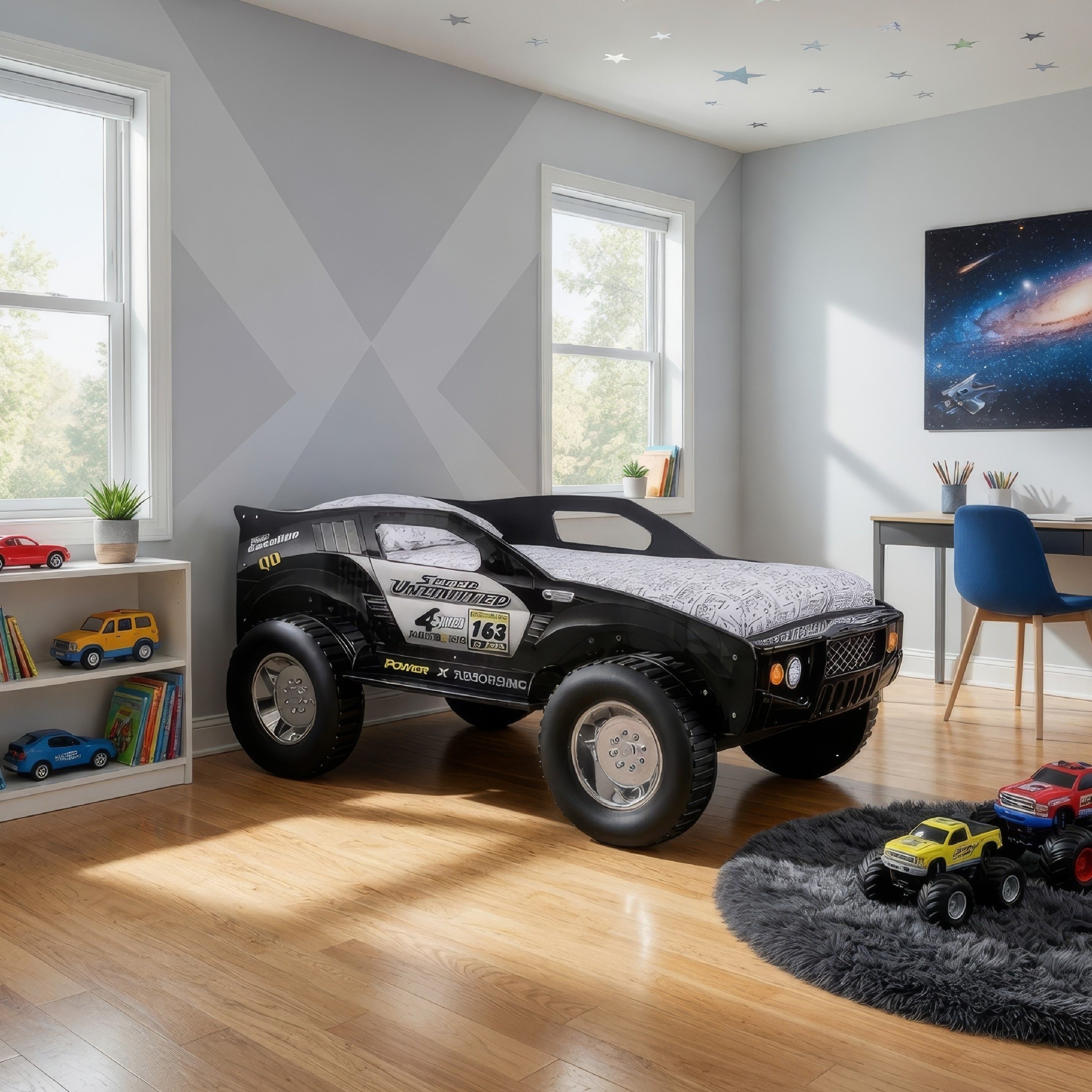 Jacky Kids Twin Bed With Off Road Car Design Led Headlights Black Wood