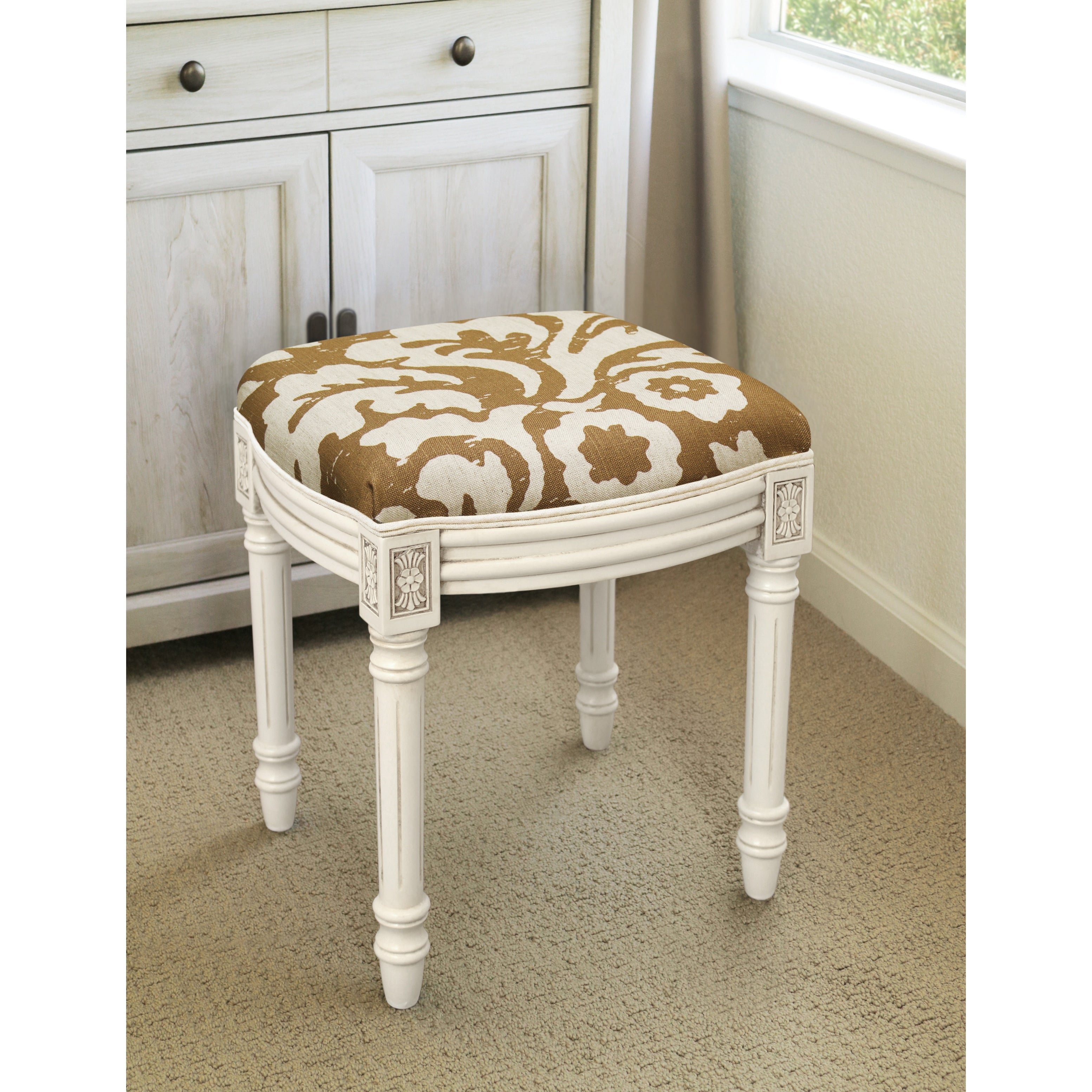 Jacobean Foam Linen Wood Floral Antique White Finish Nail Head Accented Vanity Stool