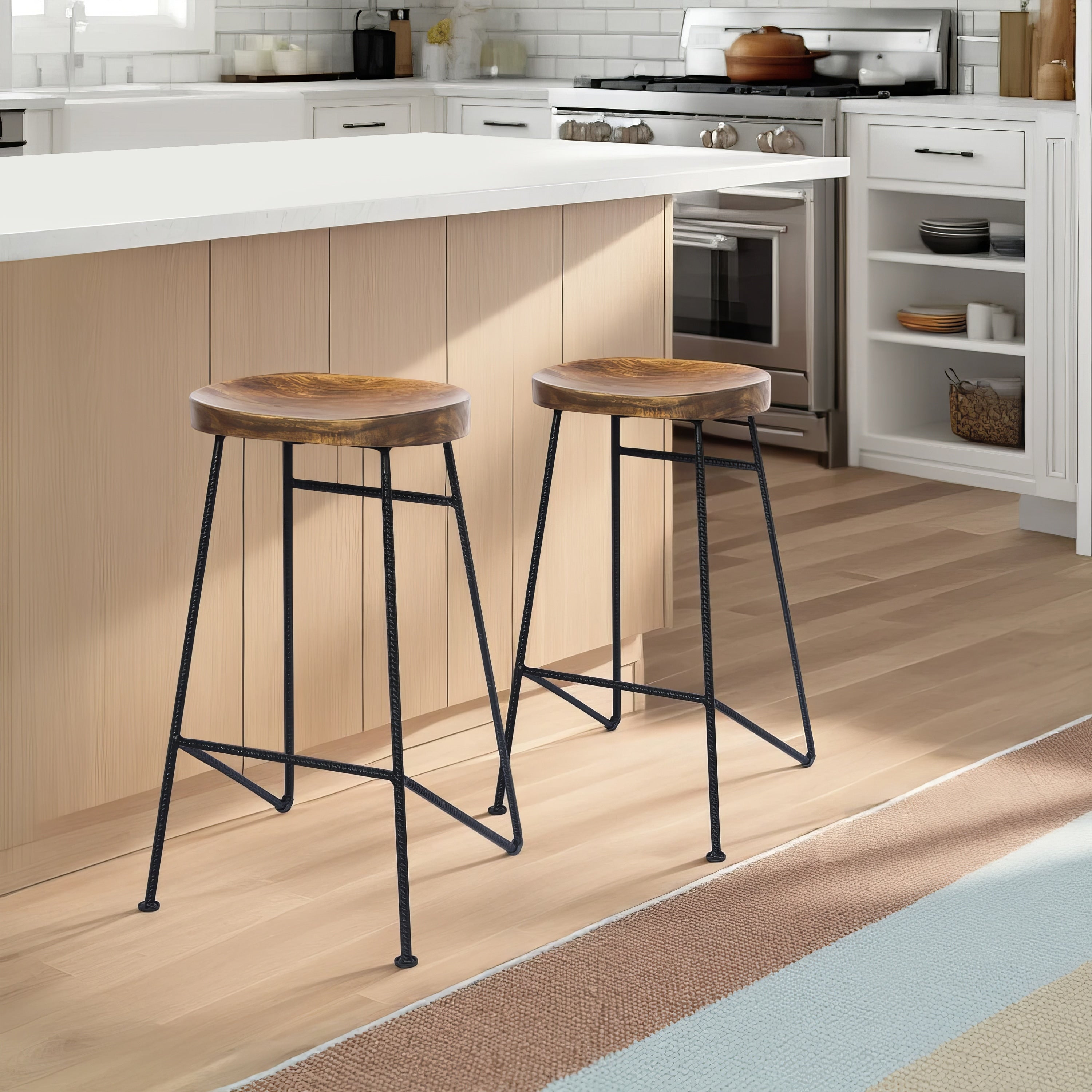 Mango Wood Saddle Seat Bar Stool With Iron Rod Legs Brown And Black