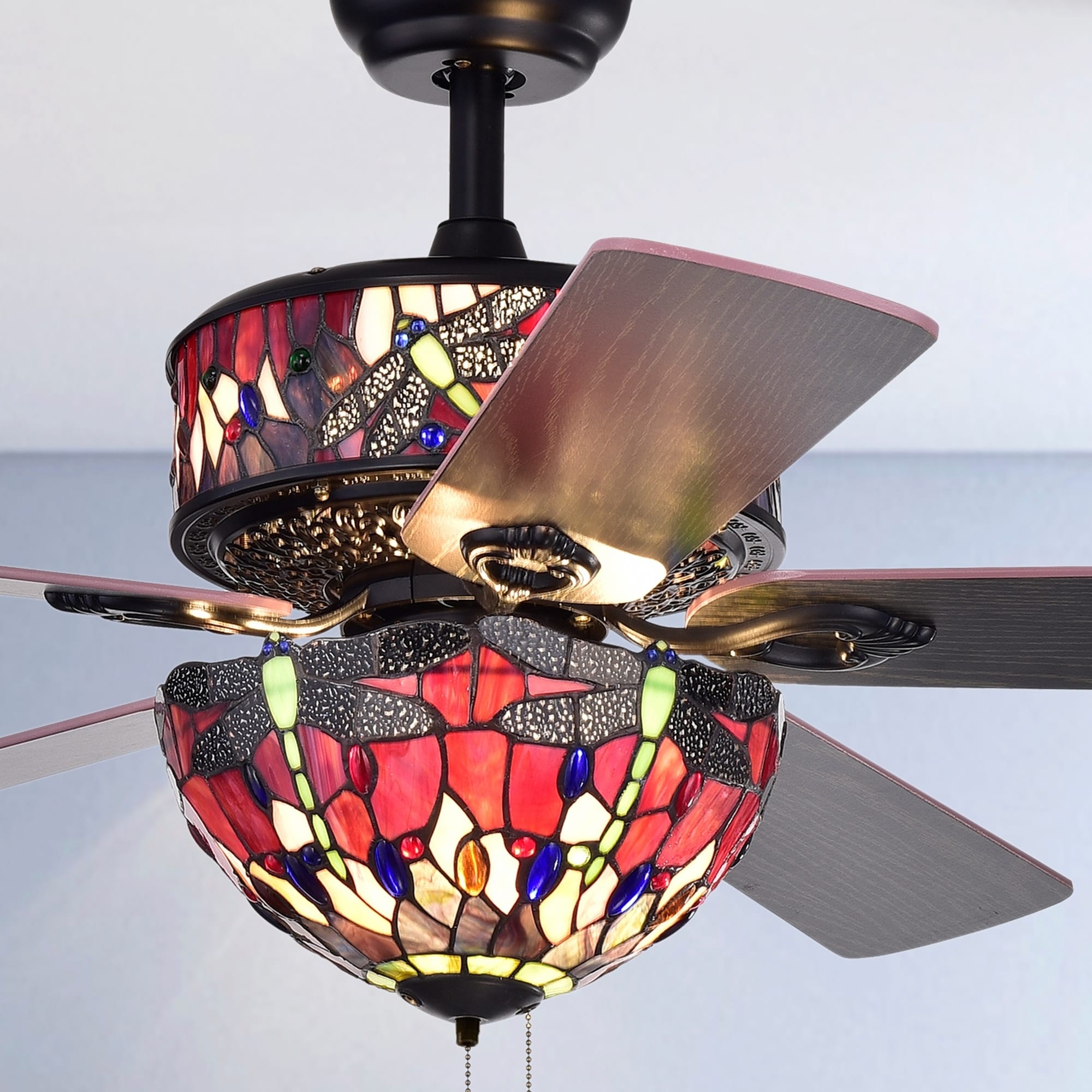 Jalev 6 Light Dragonfly Tiffany 5 Blade 52 Inch Matte Black Ceiling Fan