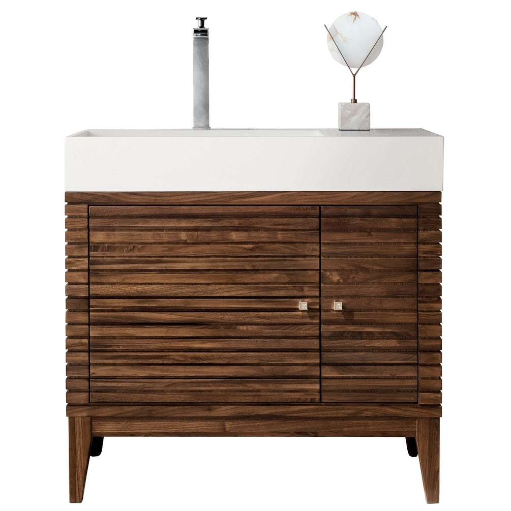 Linear 36 In. Mid Century Walnut Single Vanity With Solid Surface Top