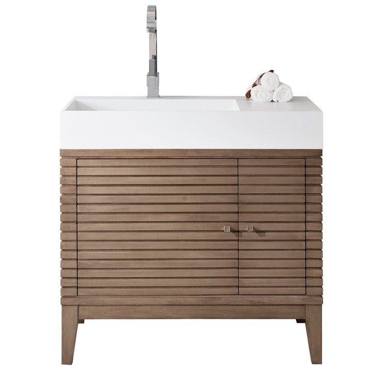 Linear 36 In. Whitewashed Walnut Single Vanity With Solid Surface Top