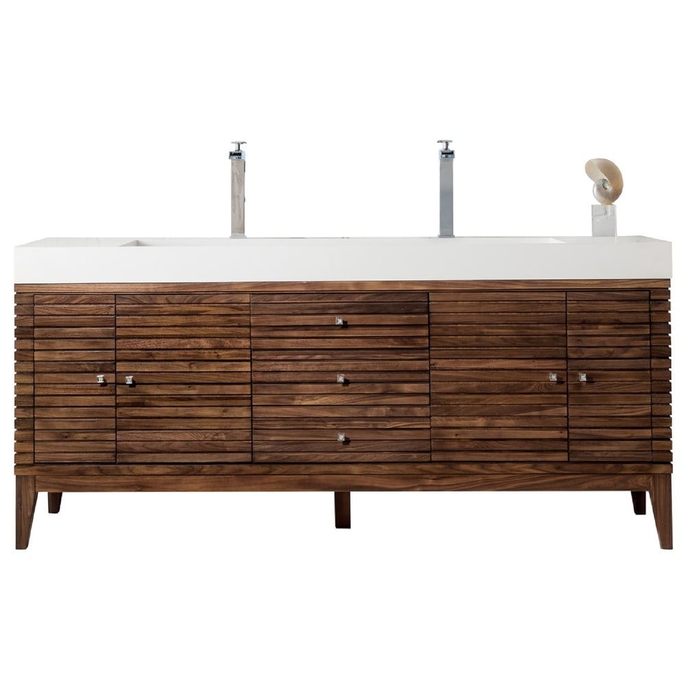 Linear 72 In. Mid Century Walnut Double Vanity With Solid Surface Top