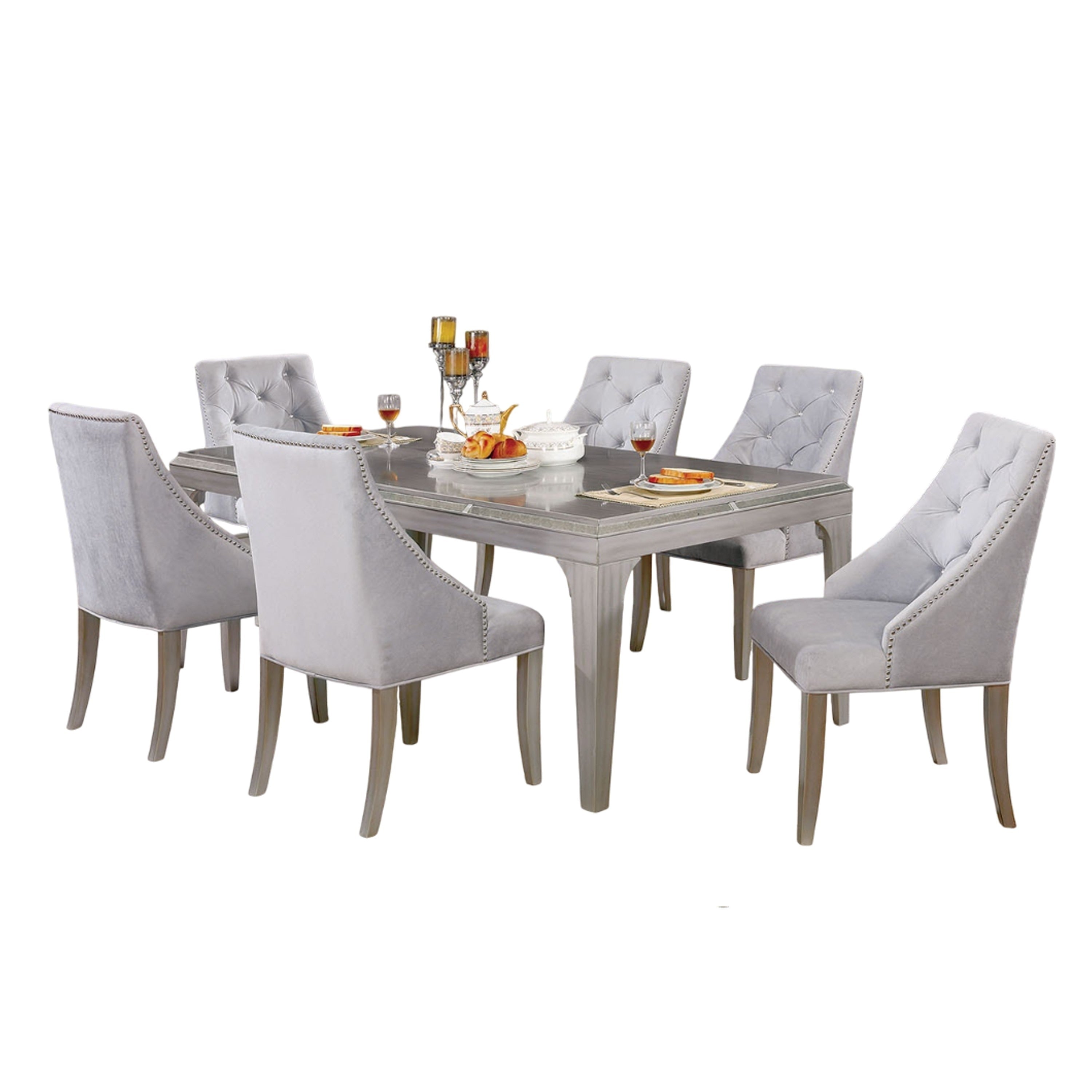 Jamie 7Pc Dining Table Set 6 Button Tufted Fabric Chairs Silver Gray