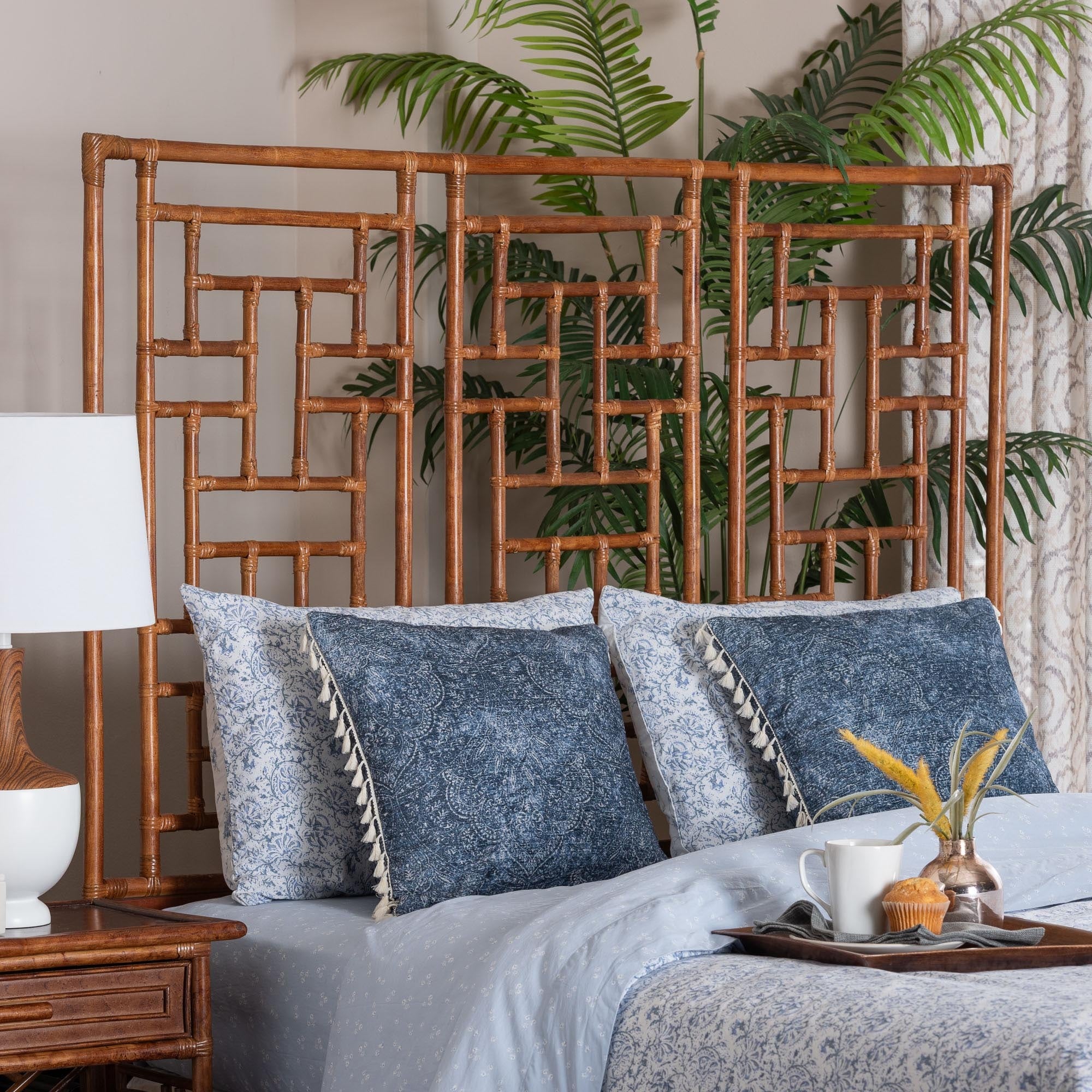 Jamuna Marbled Tortoise Natural Rattan Headboard Handcrafted Coastal Boho Style Bedroom Backdrop