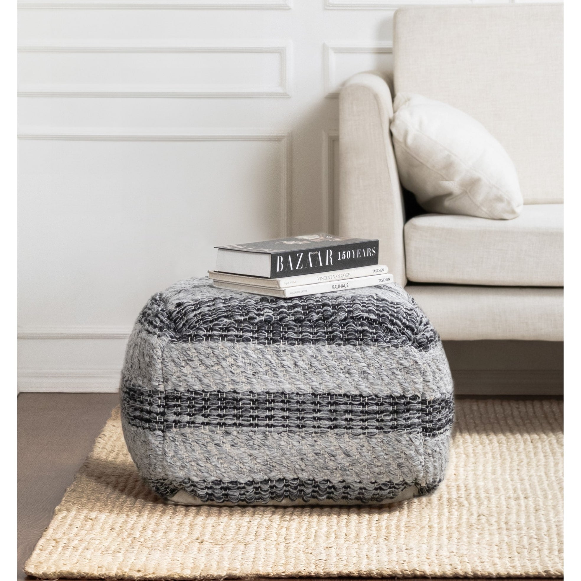 Grey Striped Handwoven 24 Inch Square Pouf