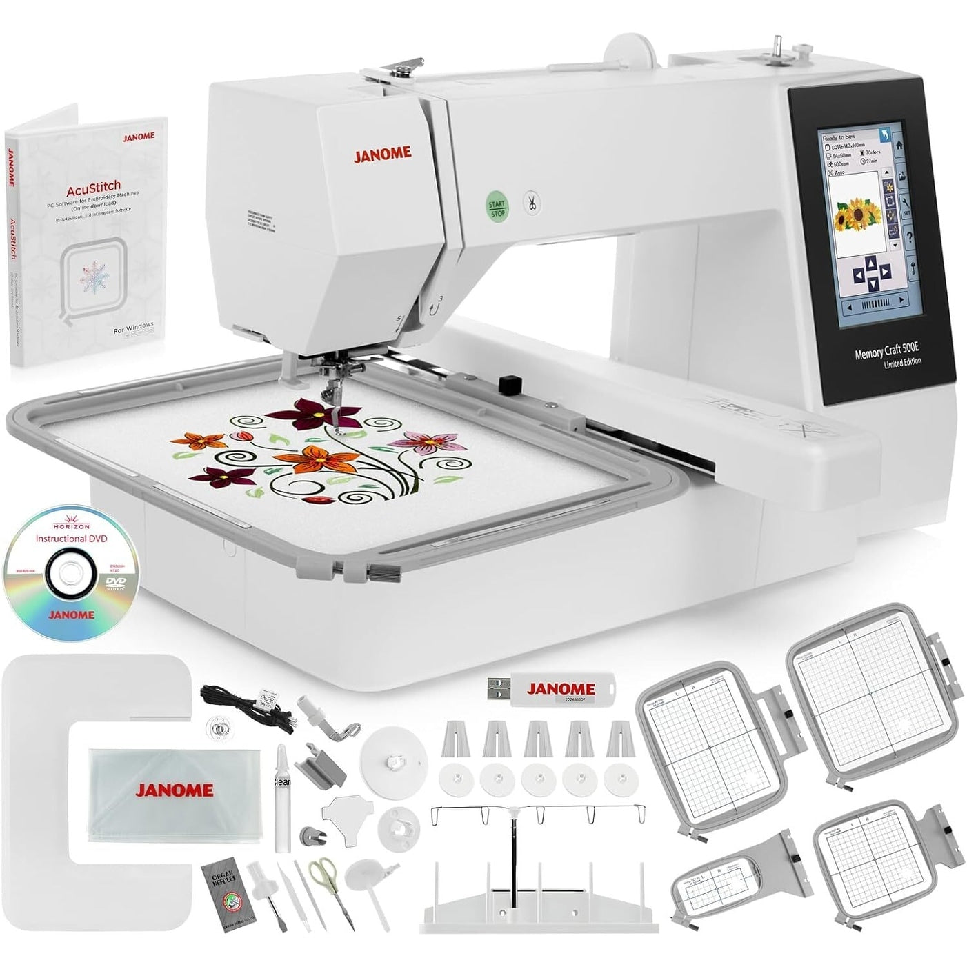 Janome Memory Craft 500E Computerized Embroidery Machine With Free Spool Stand Embroidery Hoop V.I.P Reward Package