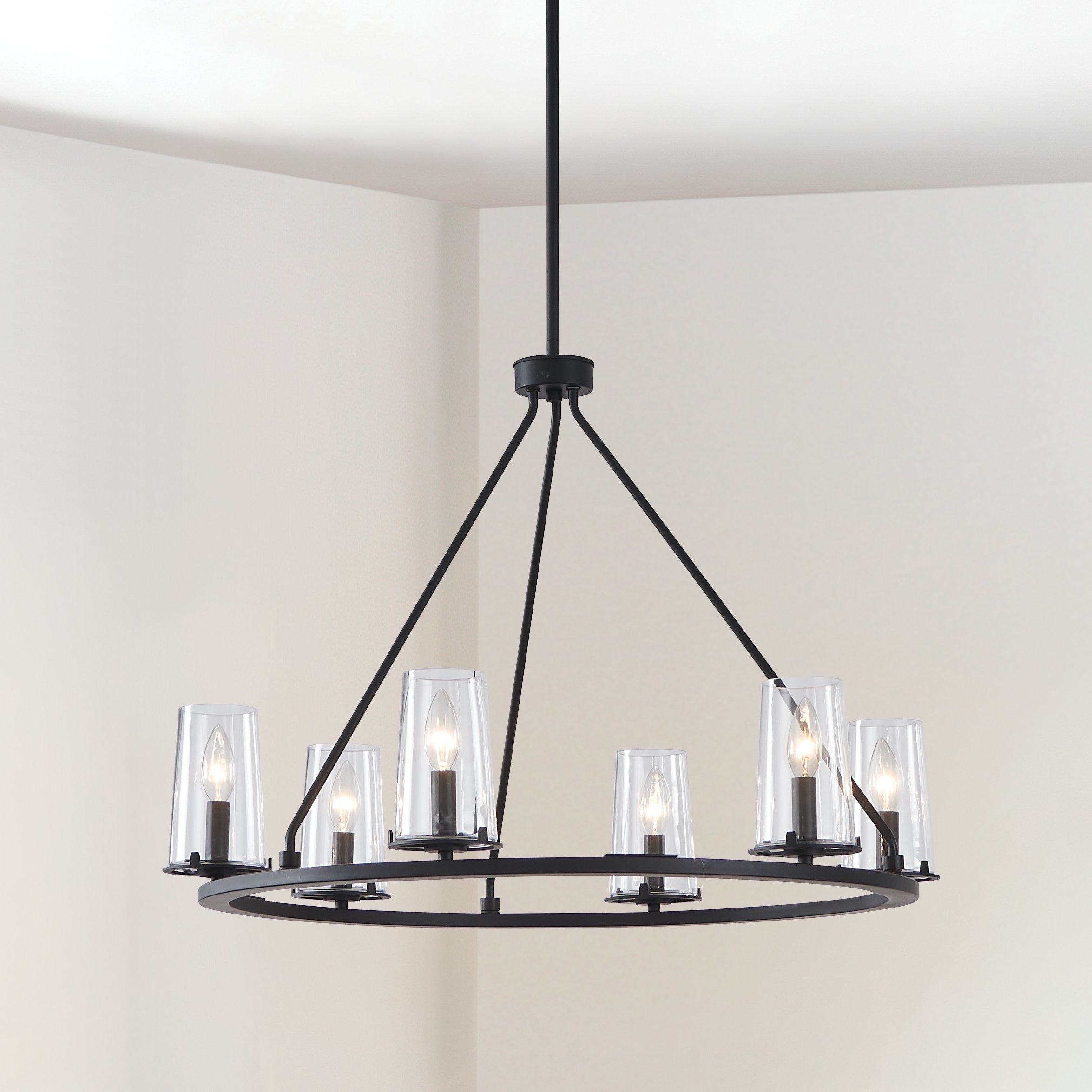 Jared 30 Inch 6 Light Matte Black Chandelier With Clear Glass Shades L 30 X W 30 X H 21.75 X M H 78.5