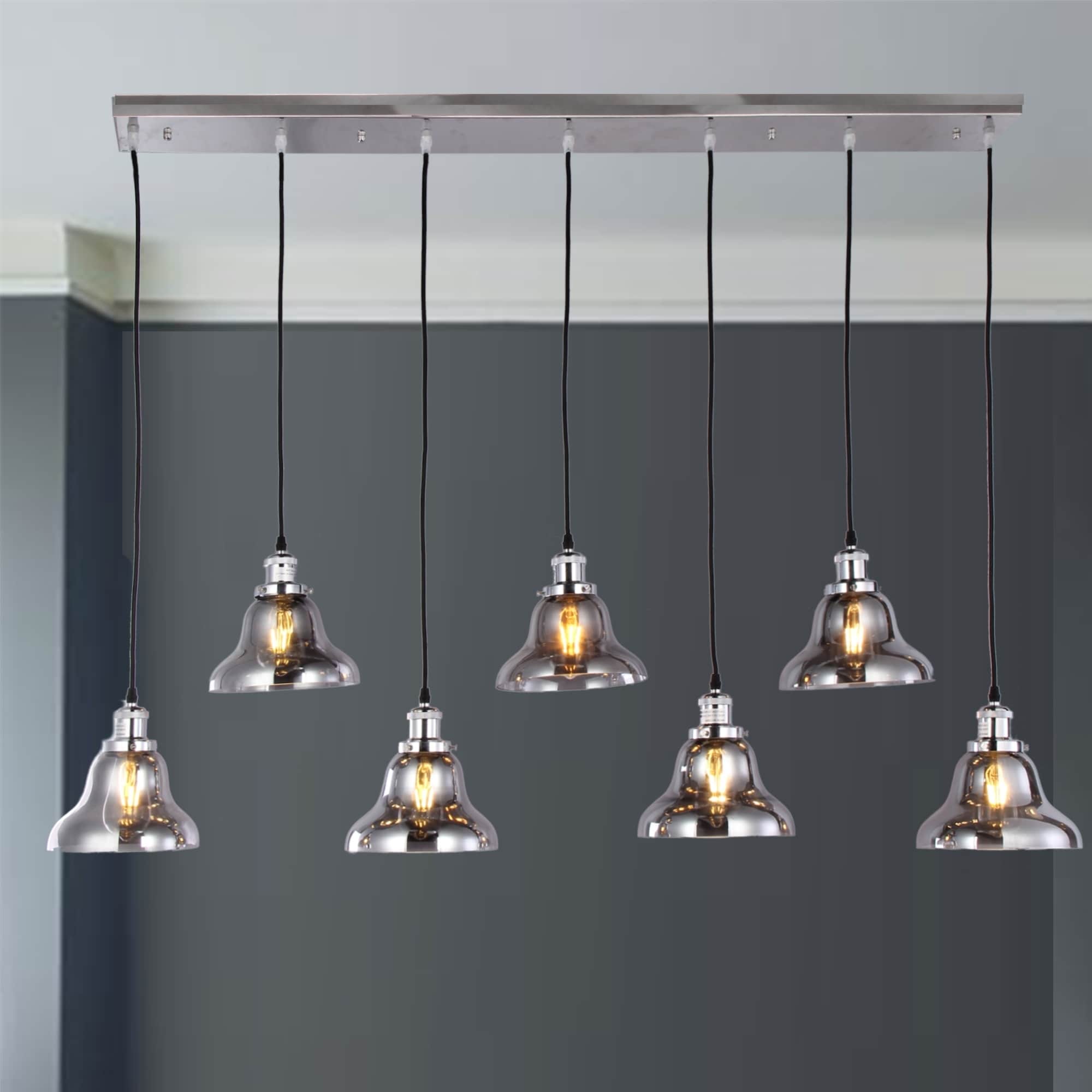 Jaslil Chrome 7 Light Chandelier With 8 Inch Smokey Glass Shades Includes Edison Bulbs