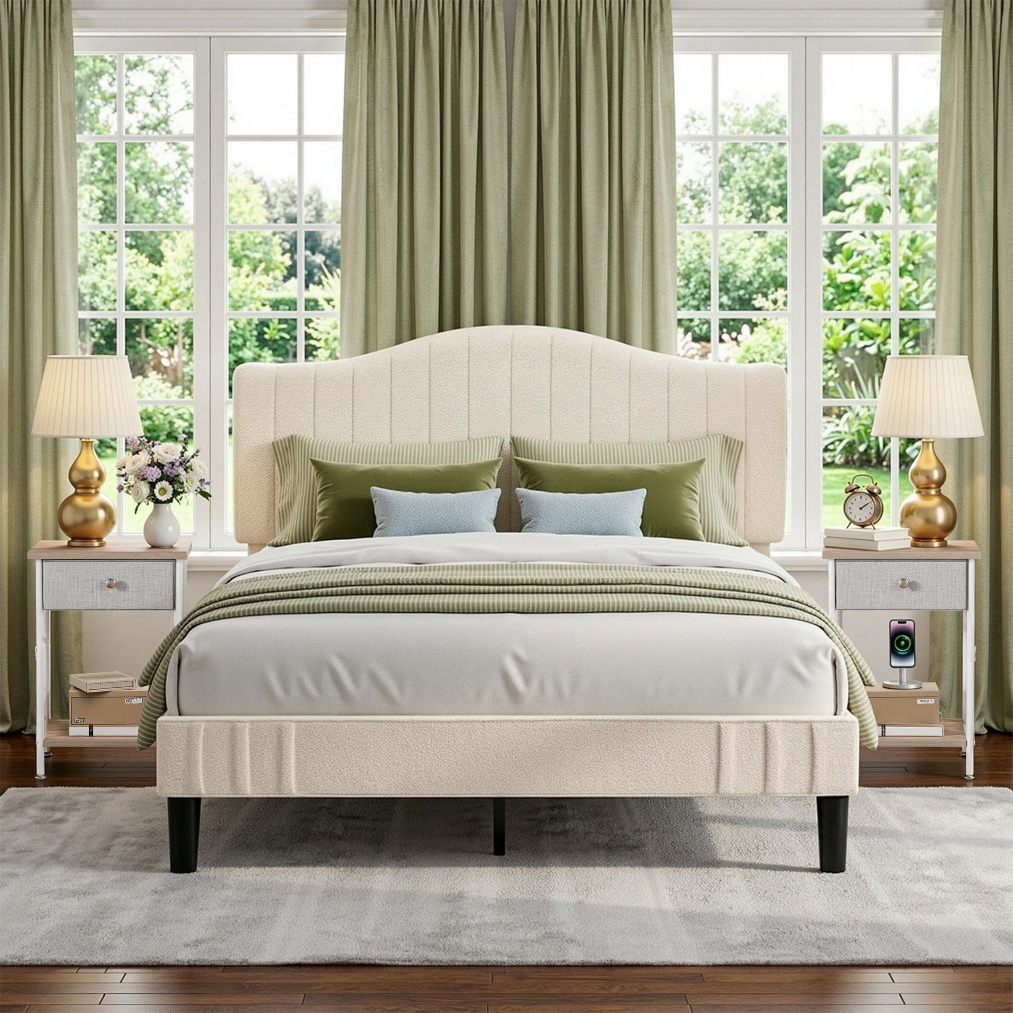 Javlergo 3 Piece Bedroom Set Beige Upholstered Bed Frame With Adjustable Headboard No Box Spring Needed Set Of 2 Nightstands