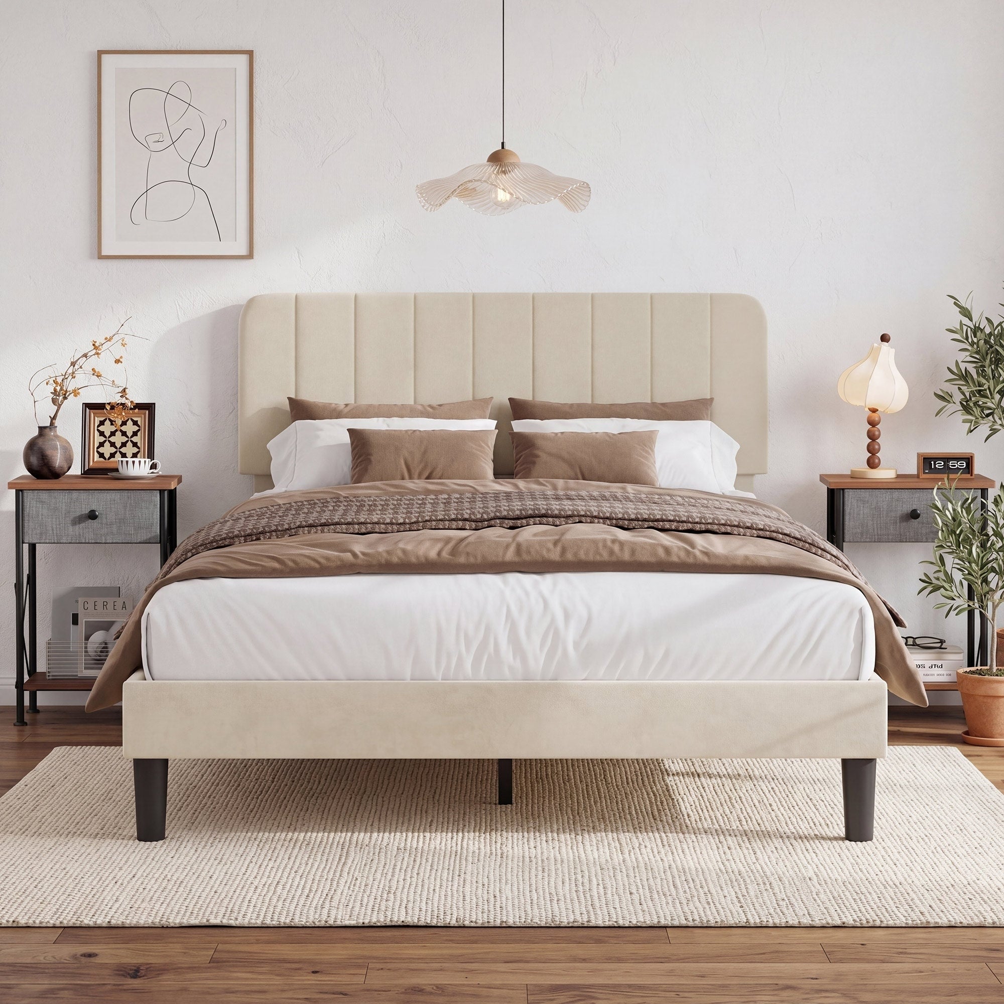 Javlergo 3 Piece Bedroom Set Platform Bed With Adjustable Headboard Height And 2 Nightstands With Fabric Drawer