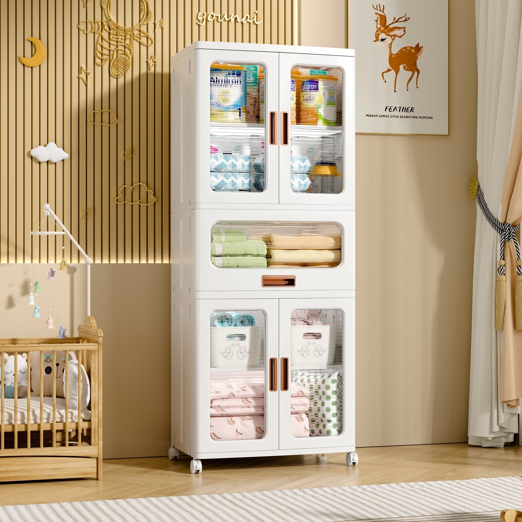 Javlergo 5 Tier Rolling Storage Cabinet White Plastic Wardrobe With Transparent Doors Locking Wheels Drawer For Bedroom Closet