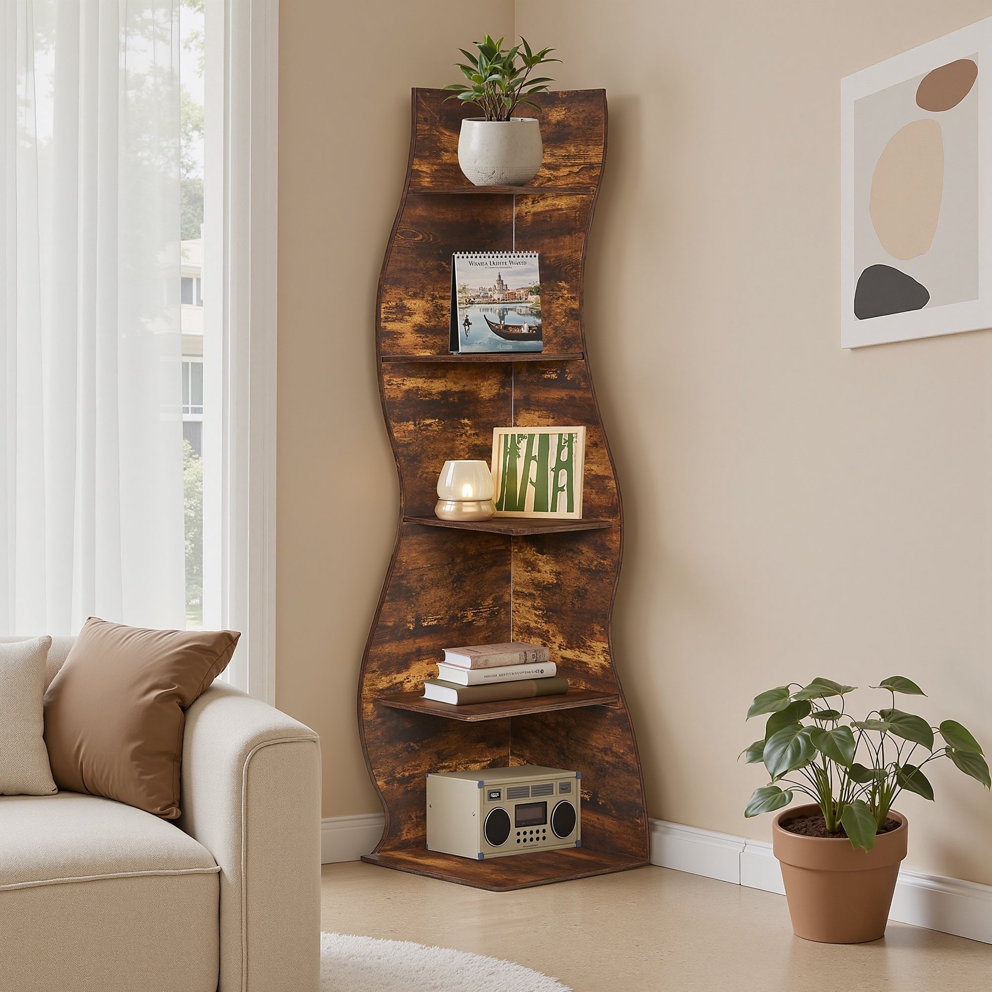 Javlergo 70 Inch Tall 5 Tier Modern Corner Bookshelf Wavy Design Space Saving Storage Rack For Small Spaces