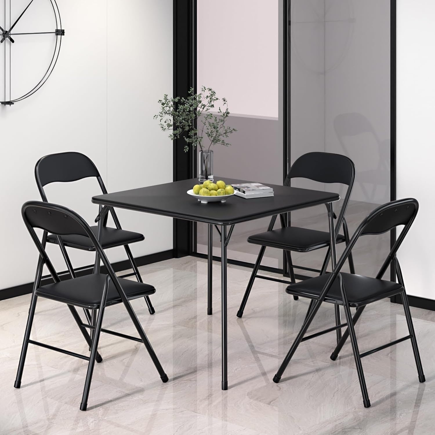 Javlergo Black Pu Leather 5 Piece Folding Table And Chairs Set Portable Card Game Table For Indoor Outdoor Use No Assembly