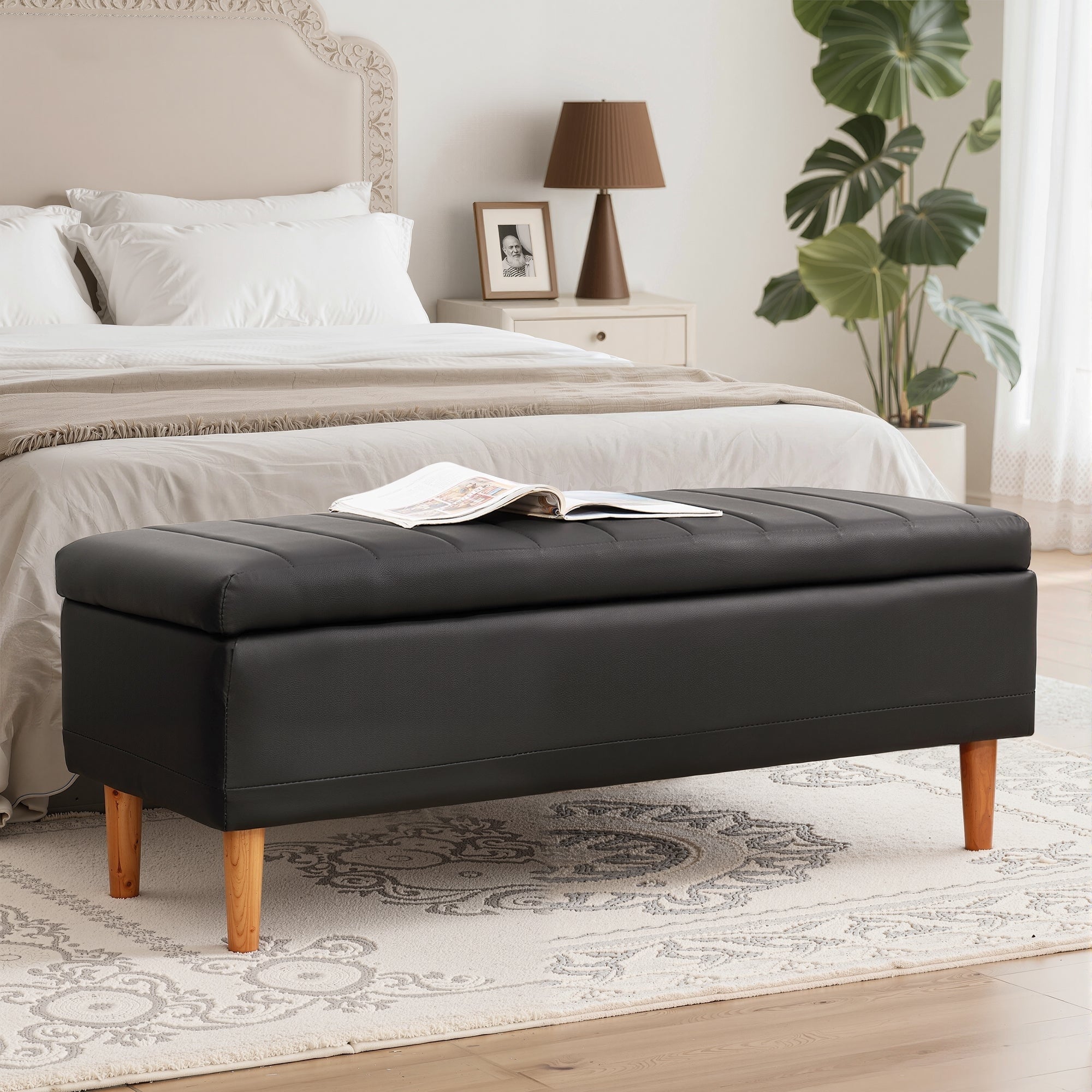 Javlergo Black Striped Pu Leather Storage Bench With Lift Top Wooden Legs 1.6 Cushion Multi Functional For Bedroom Entryway
