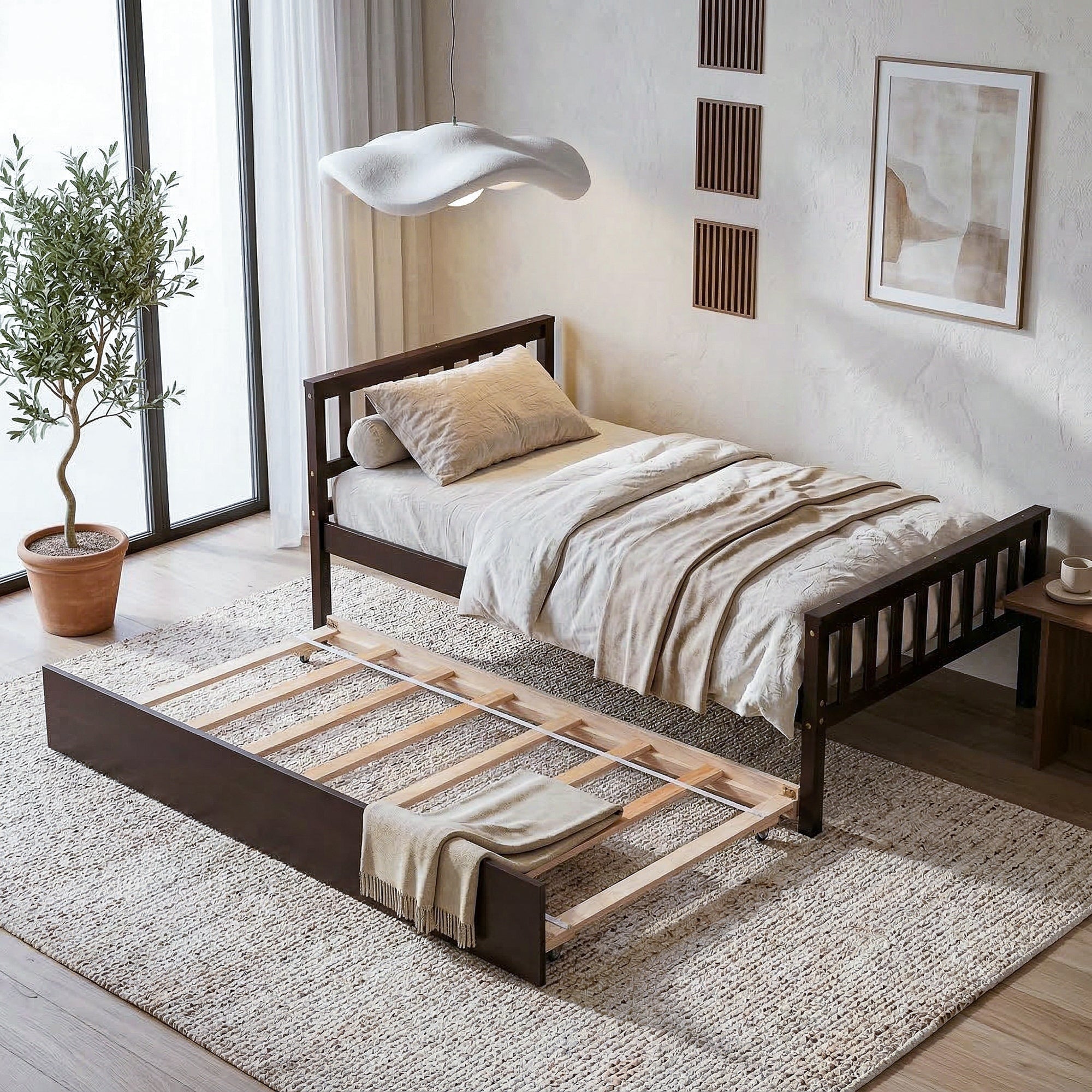 Javlergo Espresso Set Of 2 Twin Bed With Trundle Pine Wood Platform Bed Frame With Headboard Footboard No Box Spring Needed