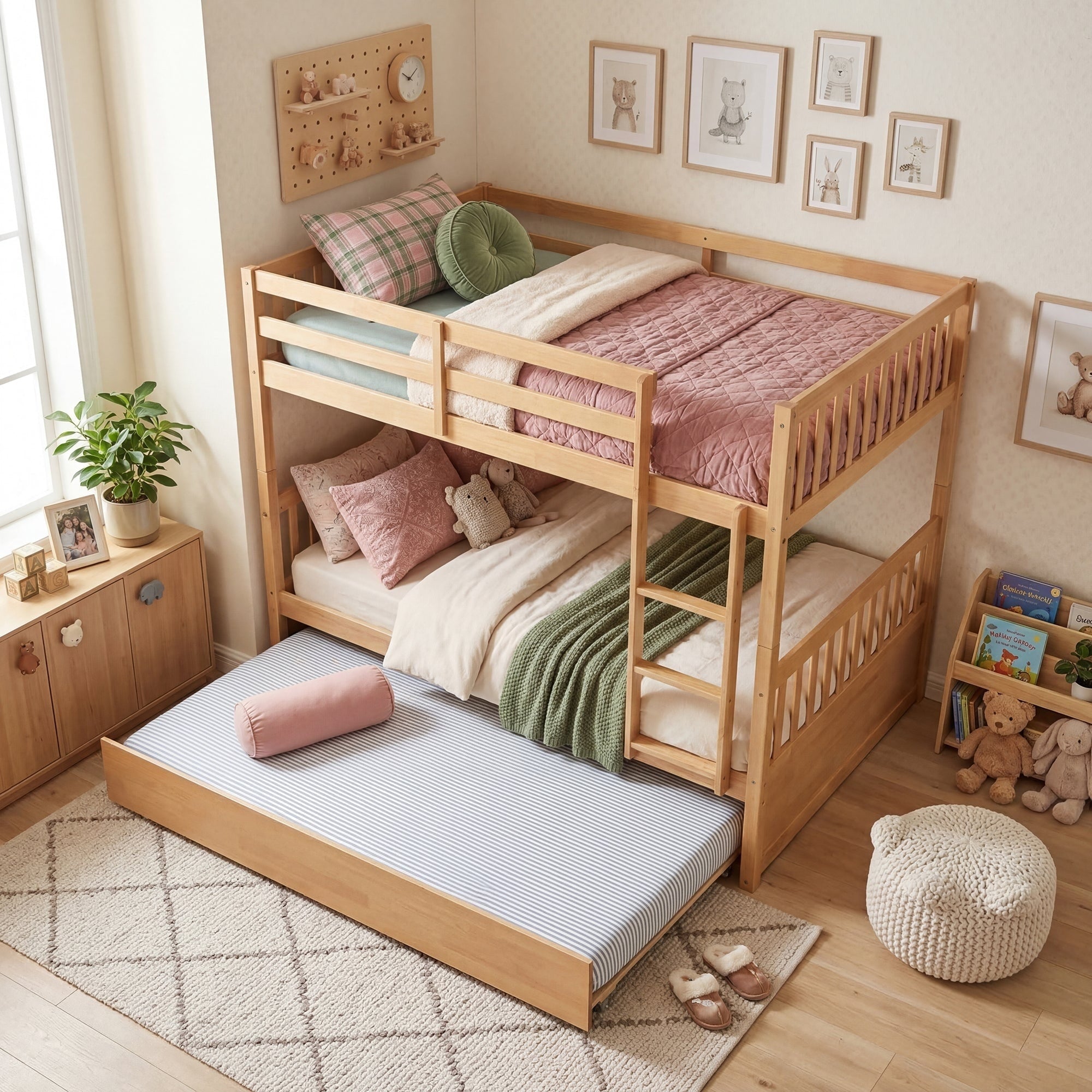 Javlergo Full Over Full Rubber Wood Bunk Bed With Trundle Ladder Convertible Into Two Individual Beds For Kids And Teens