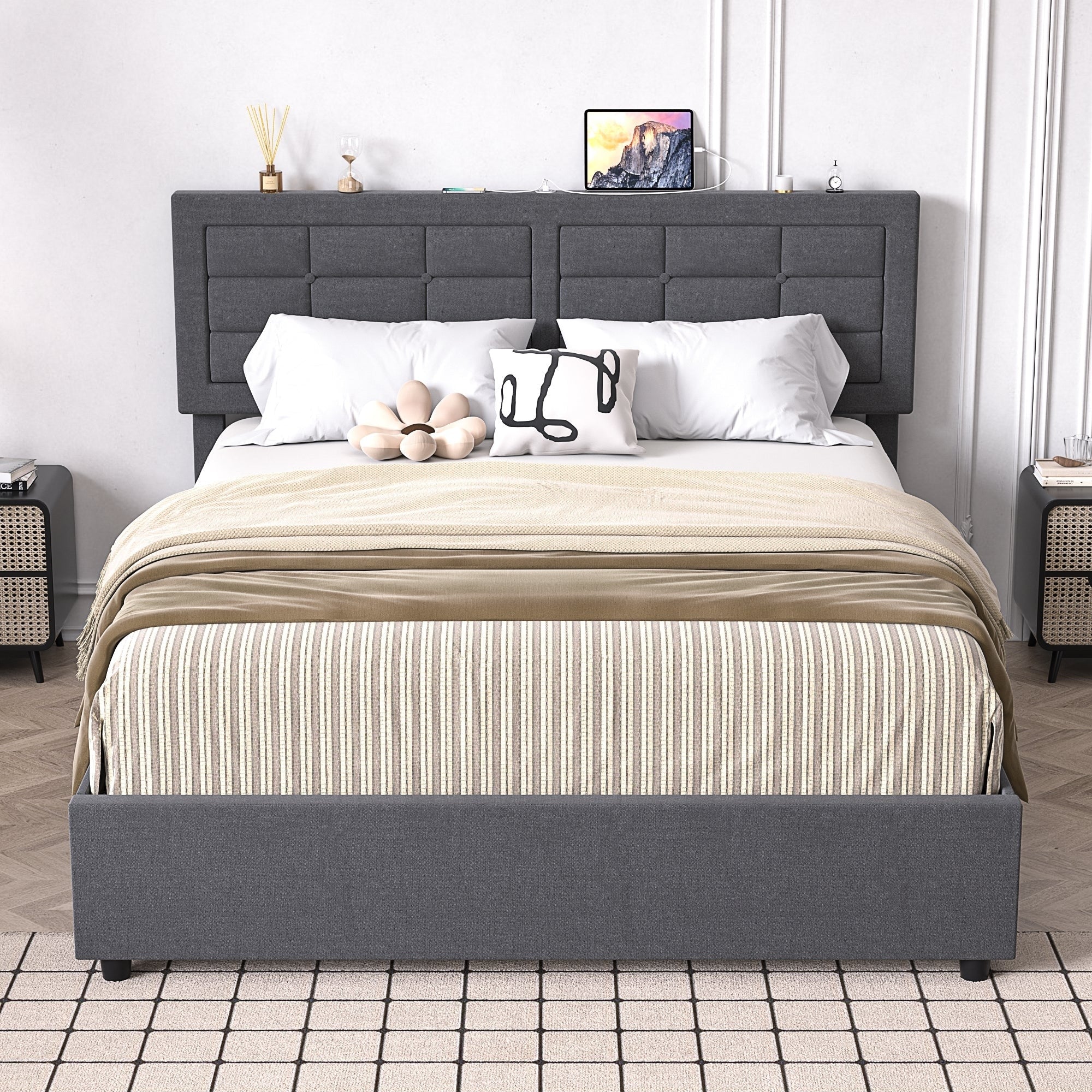 Javlergo Full Queen Size Bed Frame With Usb Charging Station Adjustable Height Upholstered Headboard No Box Spring Needed