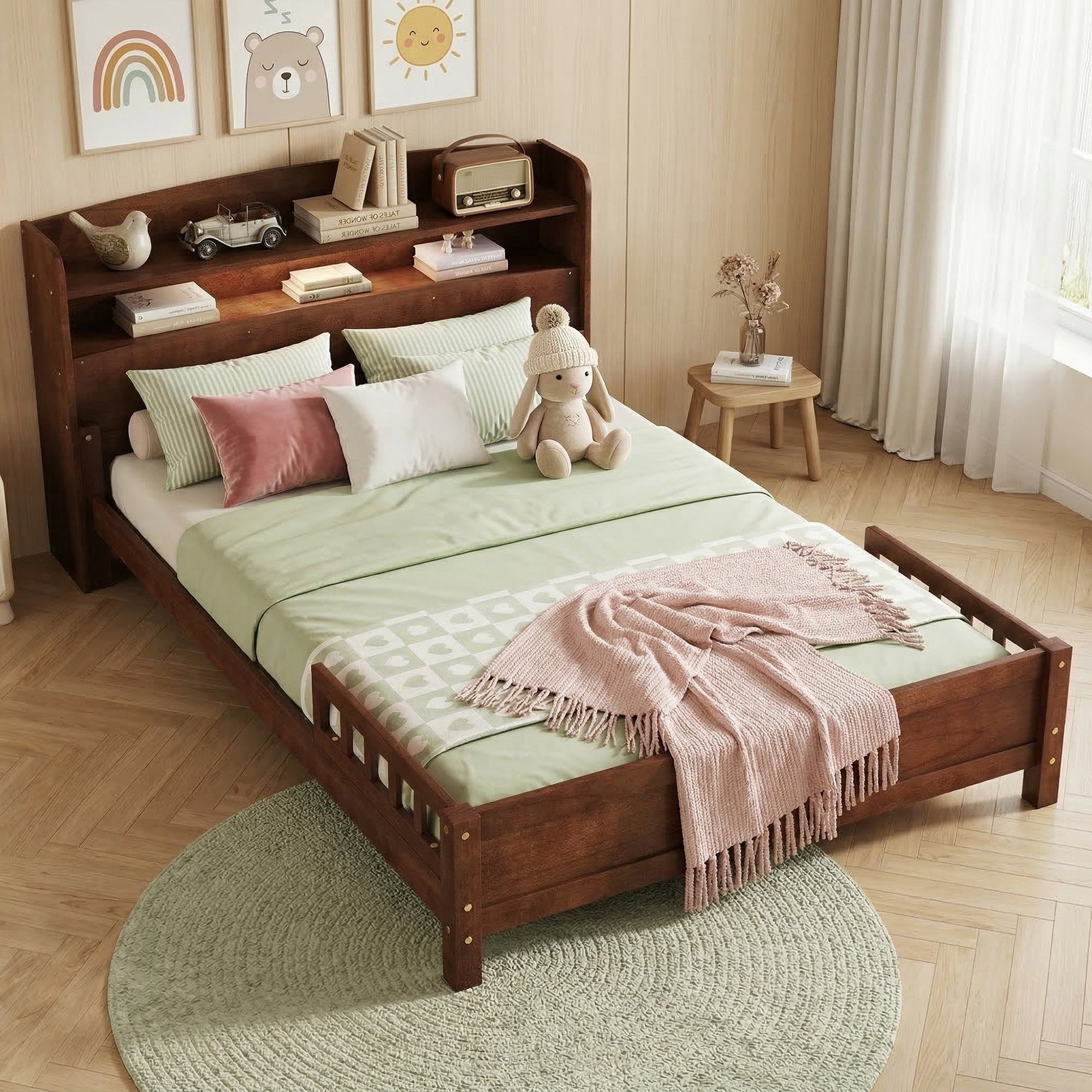 Javlergo Full Size Bed With 2 Tier Storage Headboard Led Pine Wood Platform Bed With Detachable Guardrails No Box Spring Needed