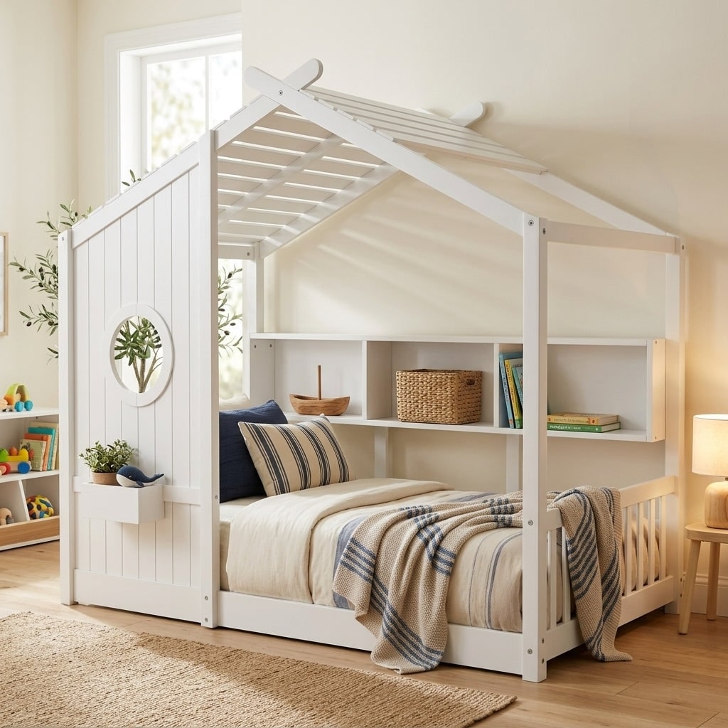 Javlergo Full Size Floor House Bed For Toddlers Montessori Kids Bed With Roof Design And Storage Shelf Low Frame No Box Spring