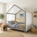 Javlergo Full Size Montessori Bed With Canopy And Railings House Bed Frame For Kids Secure Platform Bed With Slats