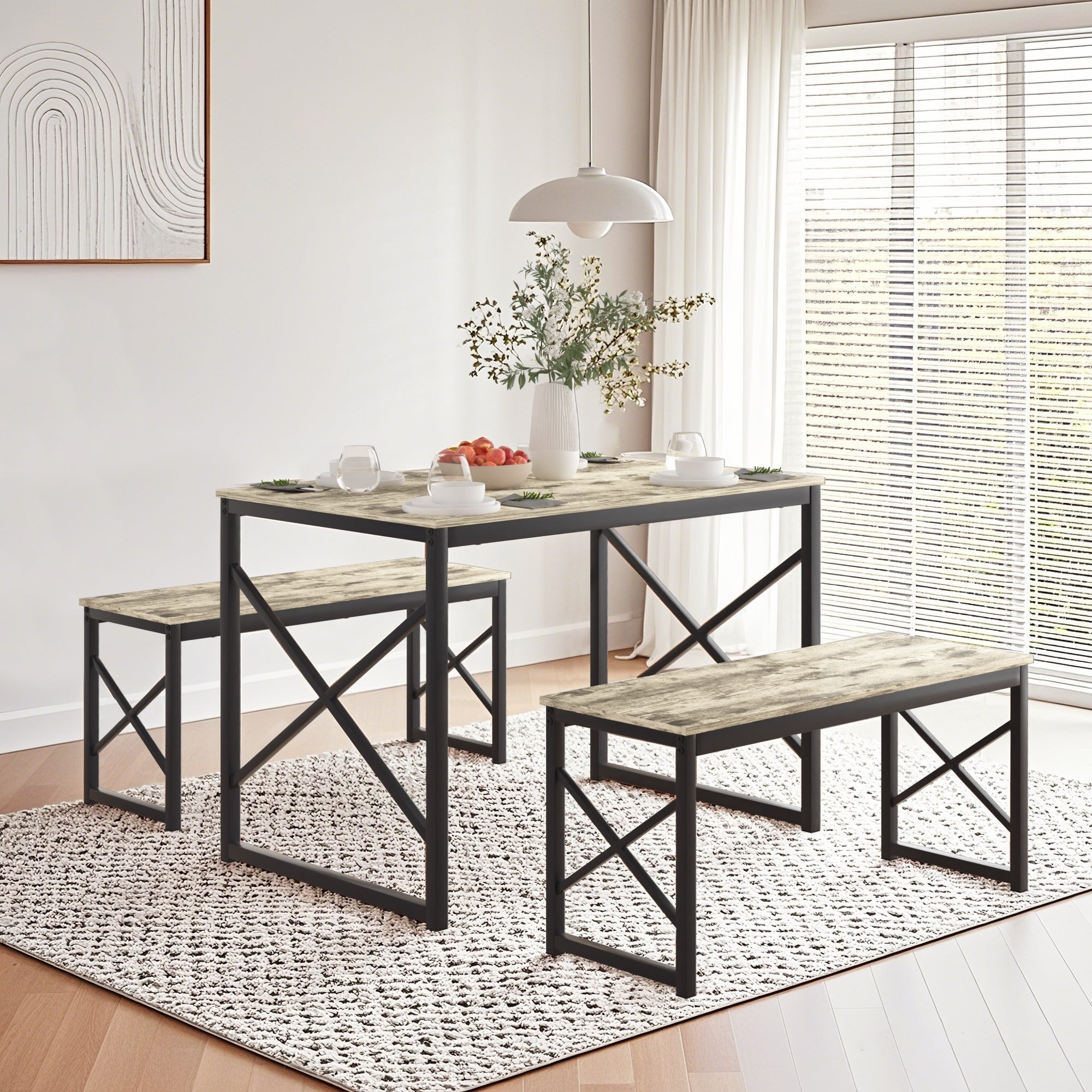 Javlergo Industrial Grey 3 Piece Dining Table Set With 2 Benches X Frame Design Space Saving Kitchen Table Set For 4 People