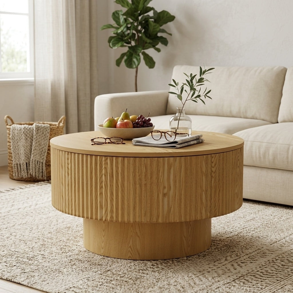 Javlergo Modern Mdf Circular Coffee Table With Concealed Storage Space Round Stripe Design Side Table For Living Room Kitchen