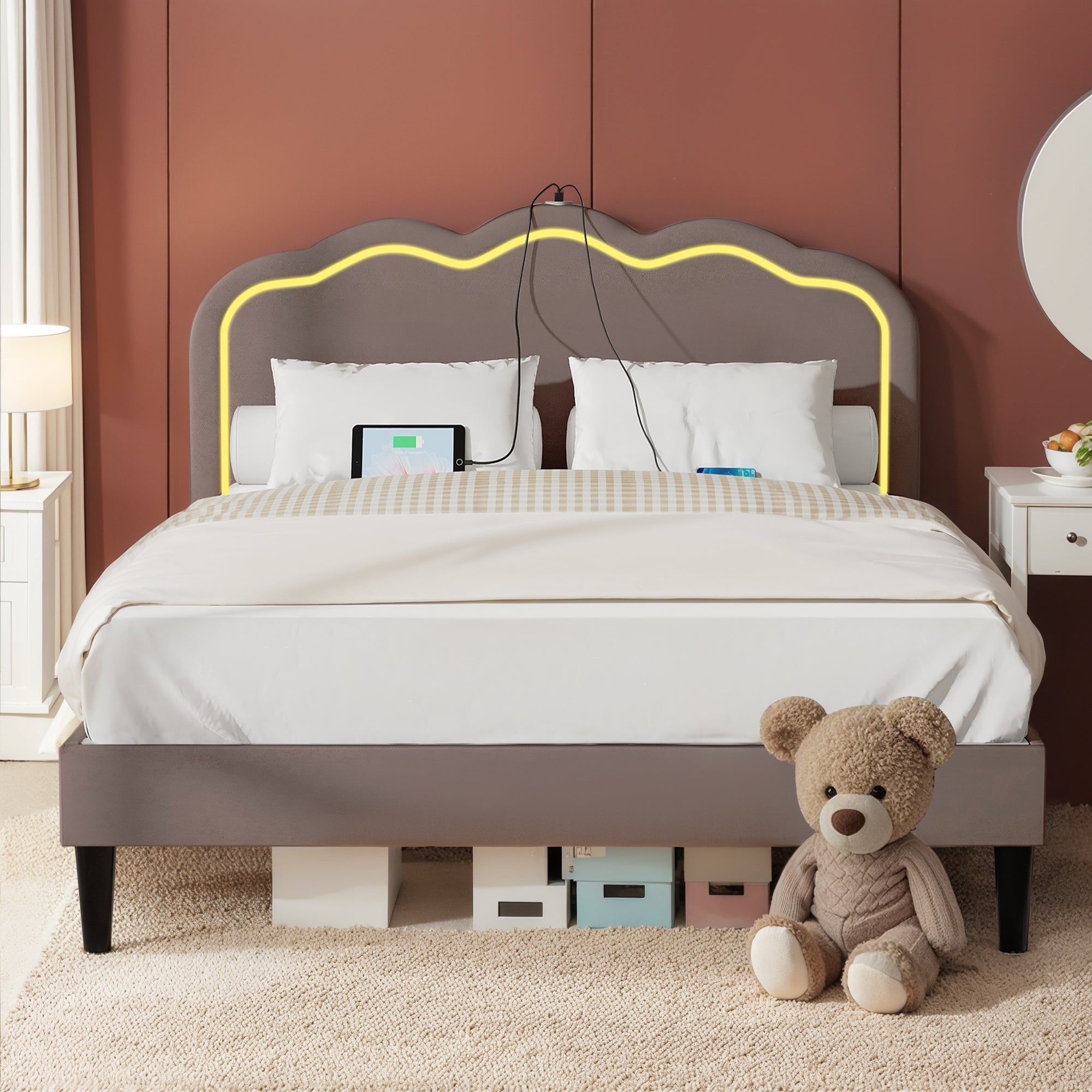 Javlergo Modern Queen Platform Bed With Adjustable Led Headboard Usb Ports Under Bed Storage Heavy Duty Upholstered Bed Frame